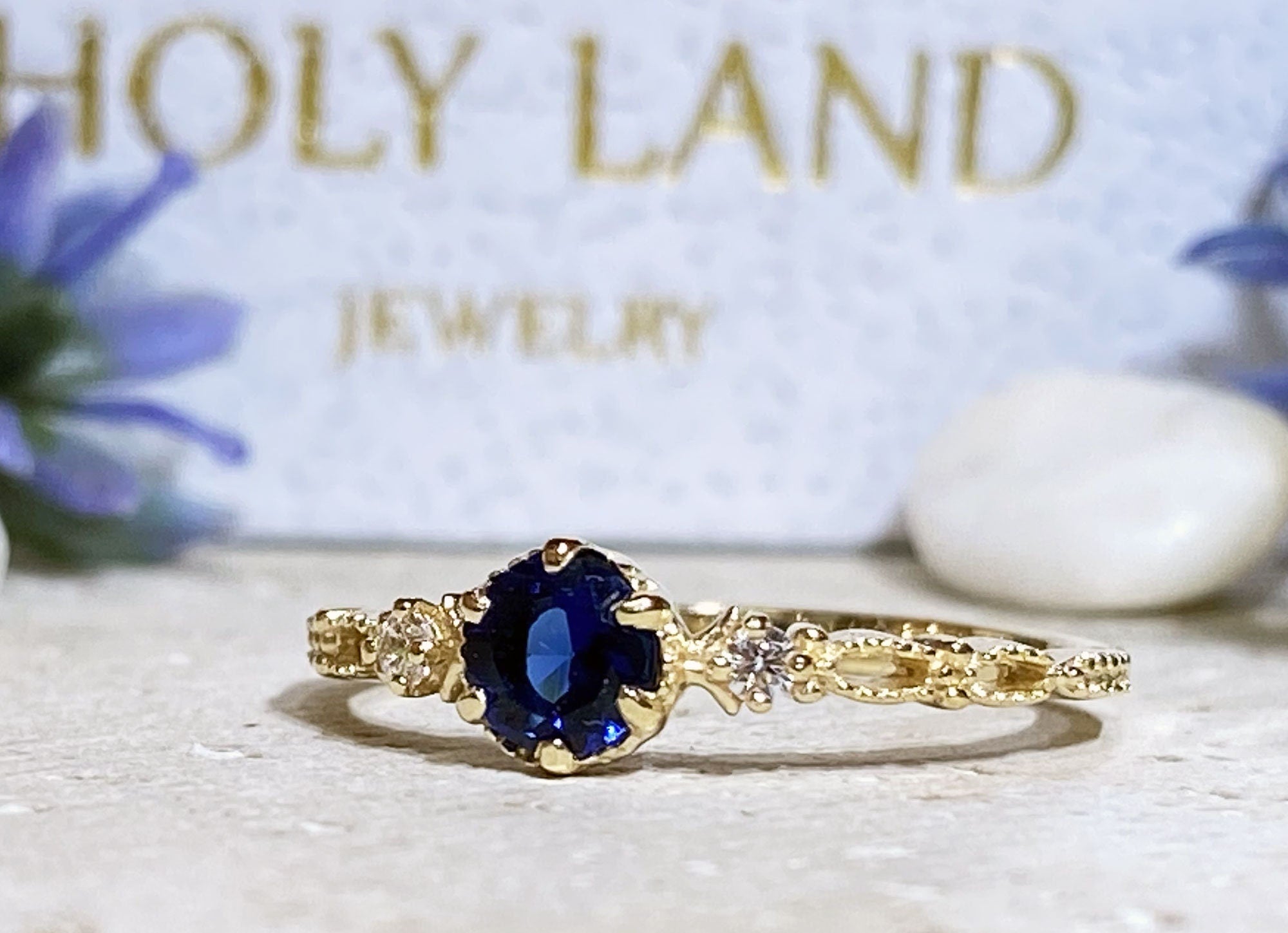 Round Blue Sapphire Delicate Ring with Clear Quartz Accents - H.L.Jewelry