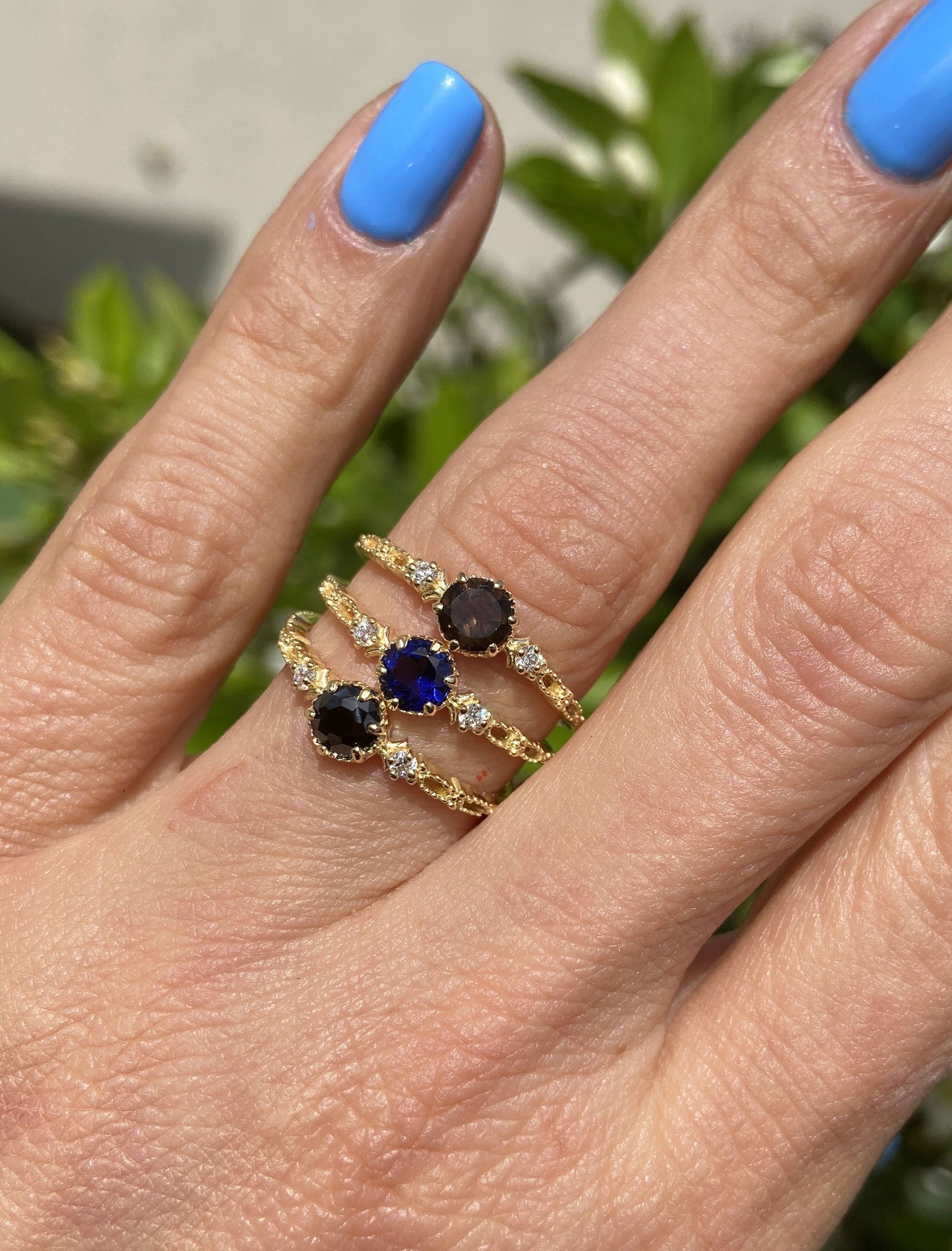 Round Blue Sapphire Delicate Ring with Clear Quartz Accents - H.L.Jewelry