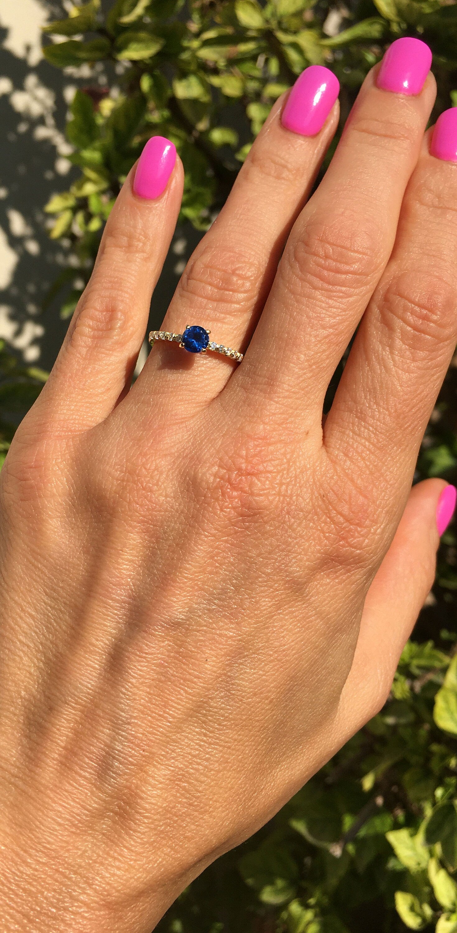 Round Blue Sapphire Delicate Ring with Clear Quartz Accents - H.L.Jewelry