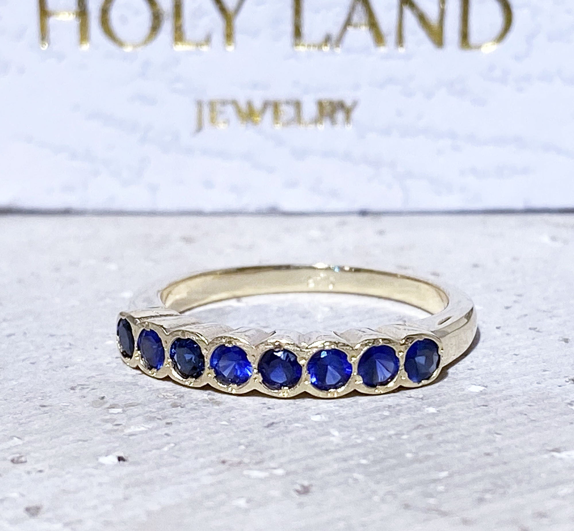 Round Blue Sapphire Eight Stone Stacking Half Eternity Ring - H.L.Jewelry