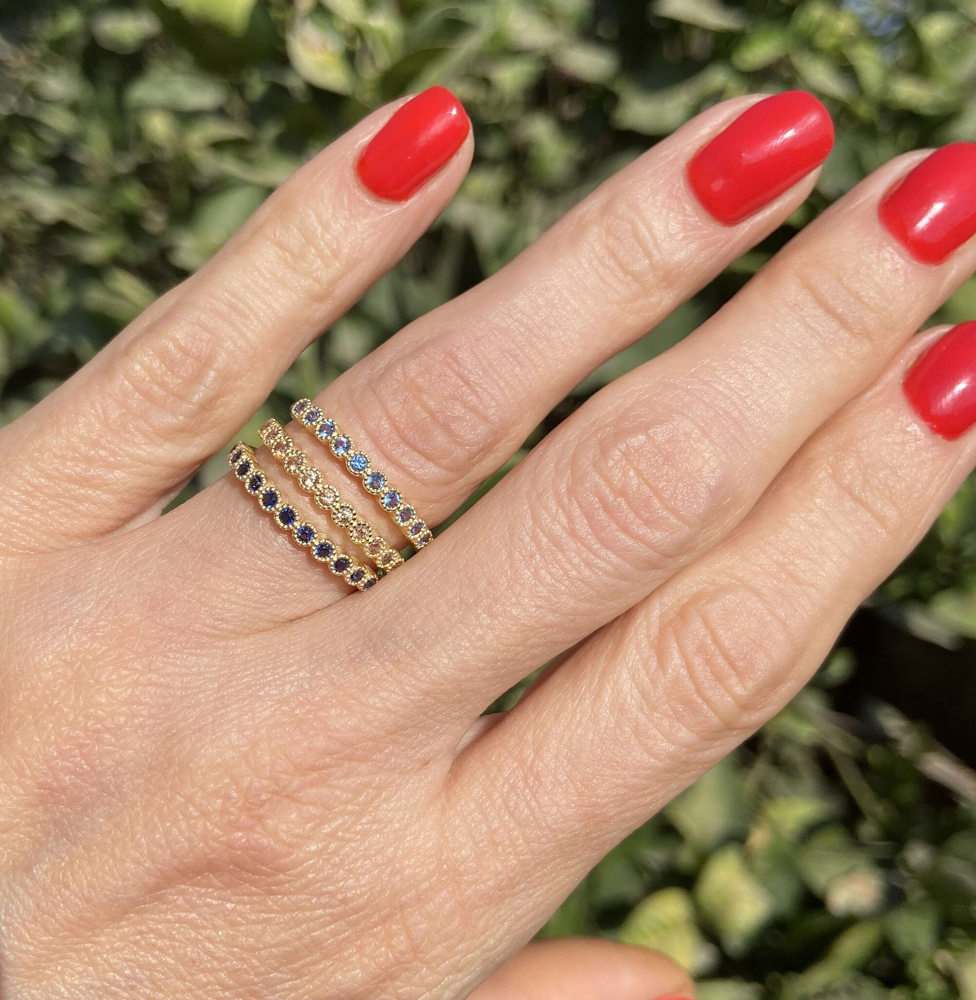 Round Blue Sapphire Eleven Stone Stackable Half Eternity Ring - H.L.Jewelry
