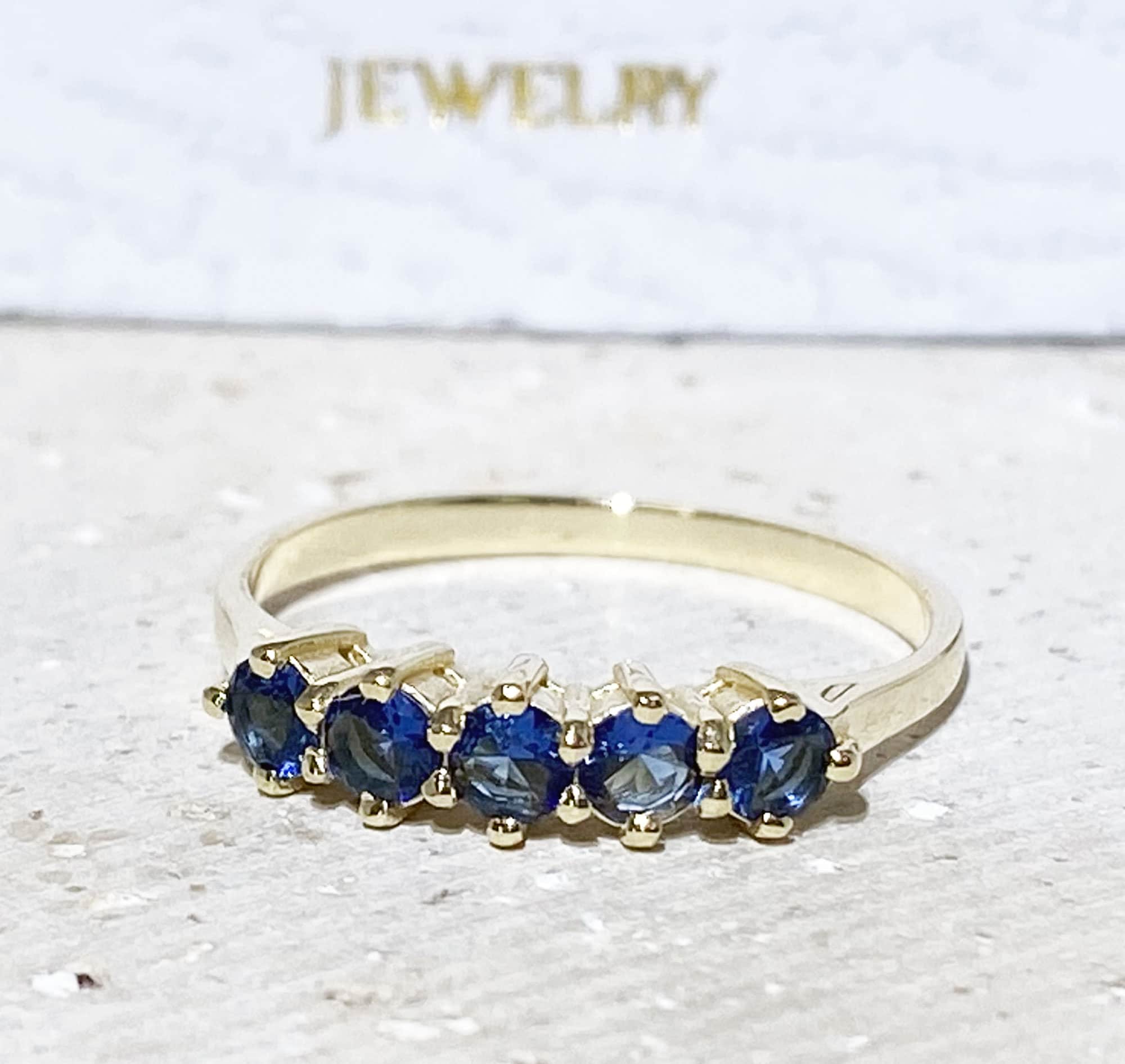 Round Blue Sapphire Five Stone Stacking Ring - H.L.Jewelry