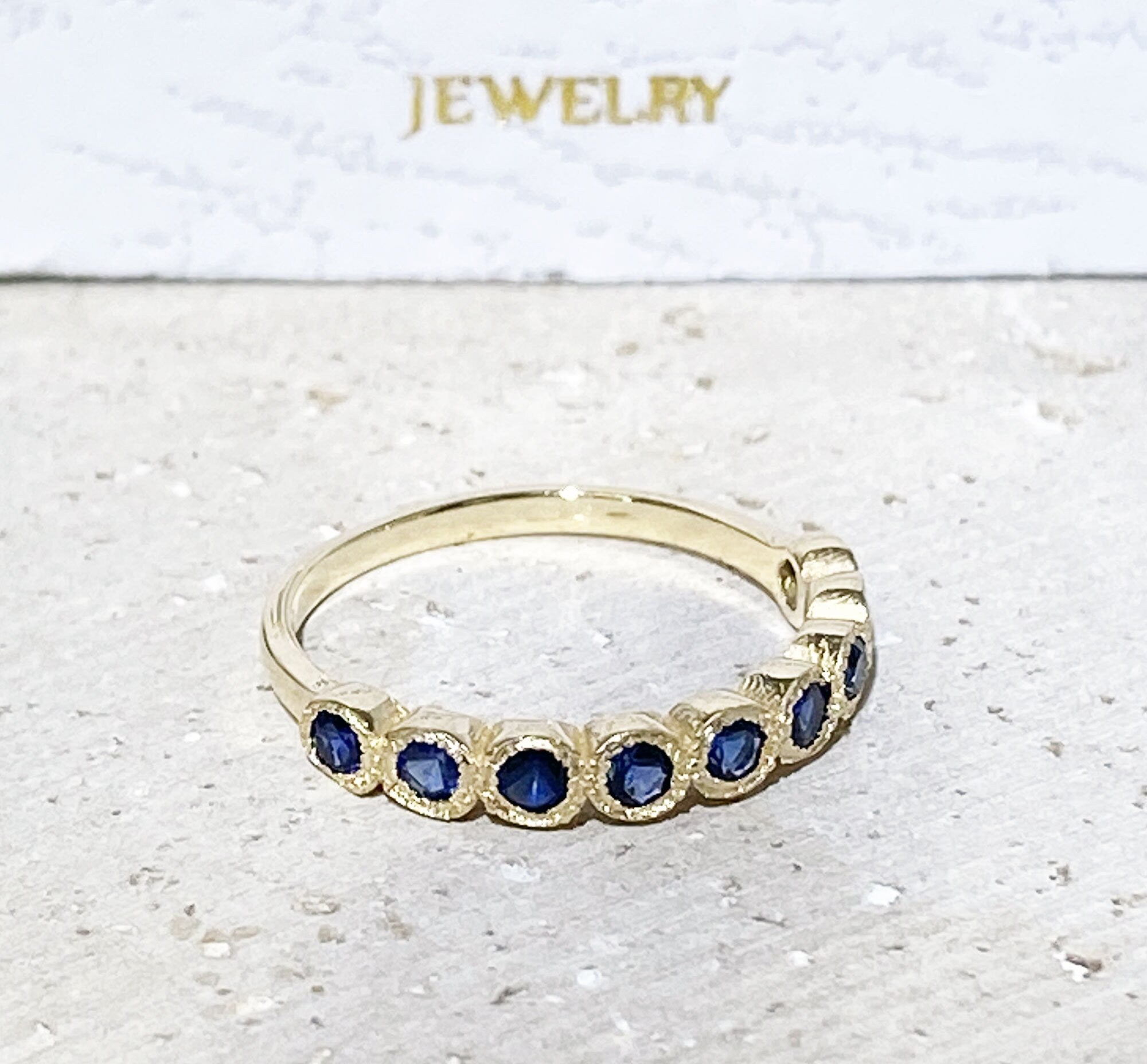 Round Blue Sapphire Nine Stone Stacking Bezel-Set Ring - H.L.Jewelry