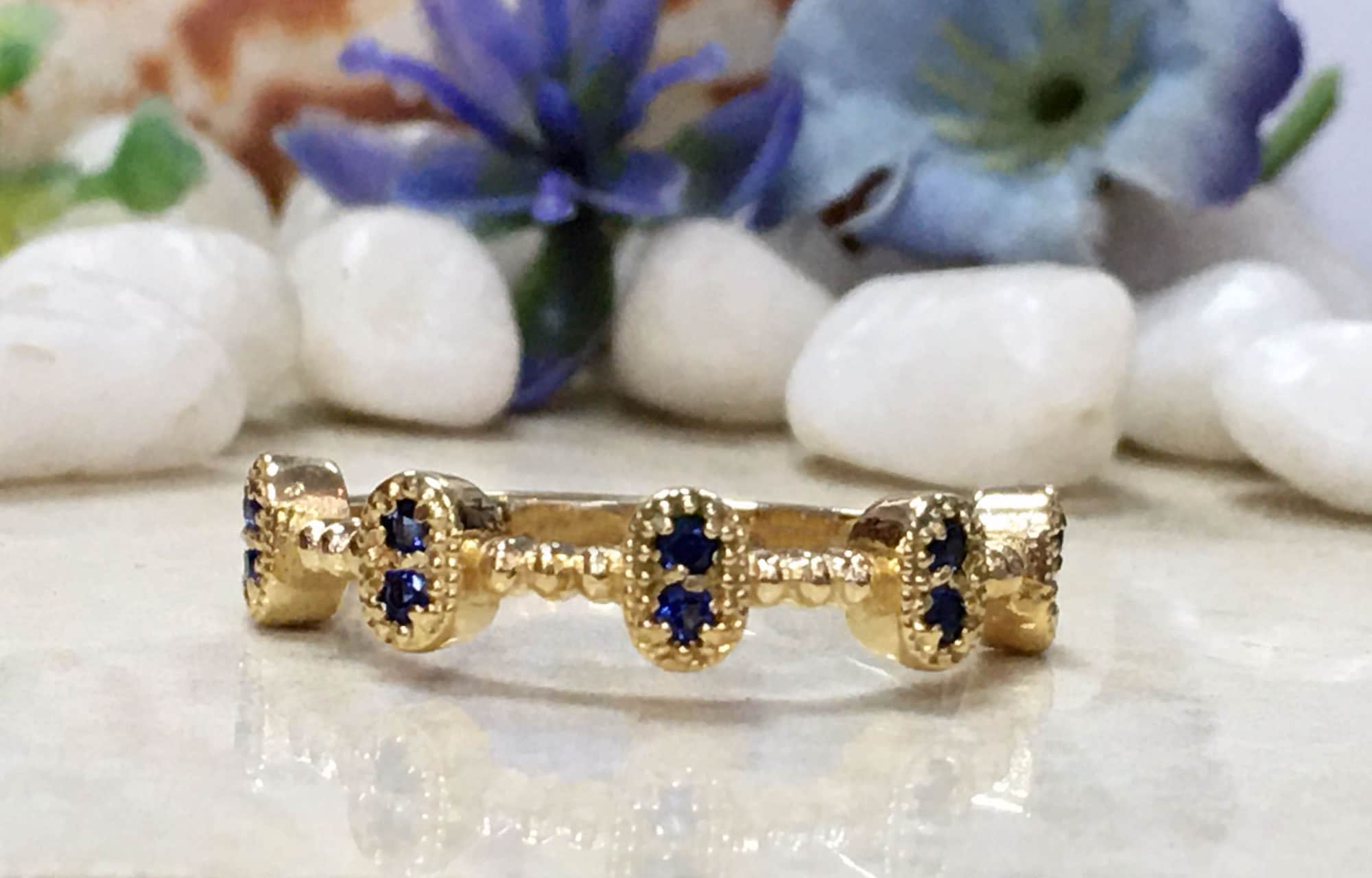 Round Blue Sapphire Ten Stone Bezel-Set Modern Ring - H.L.Jewelry