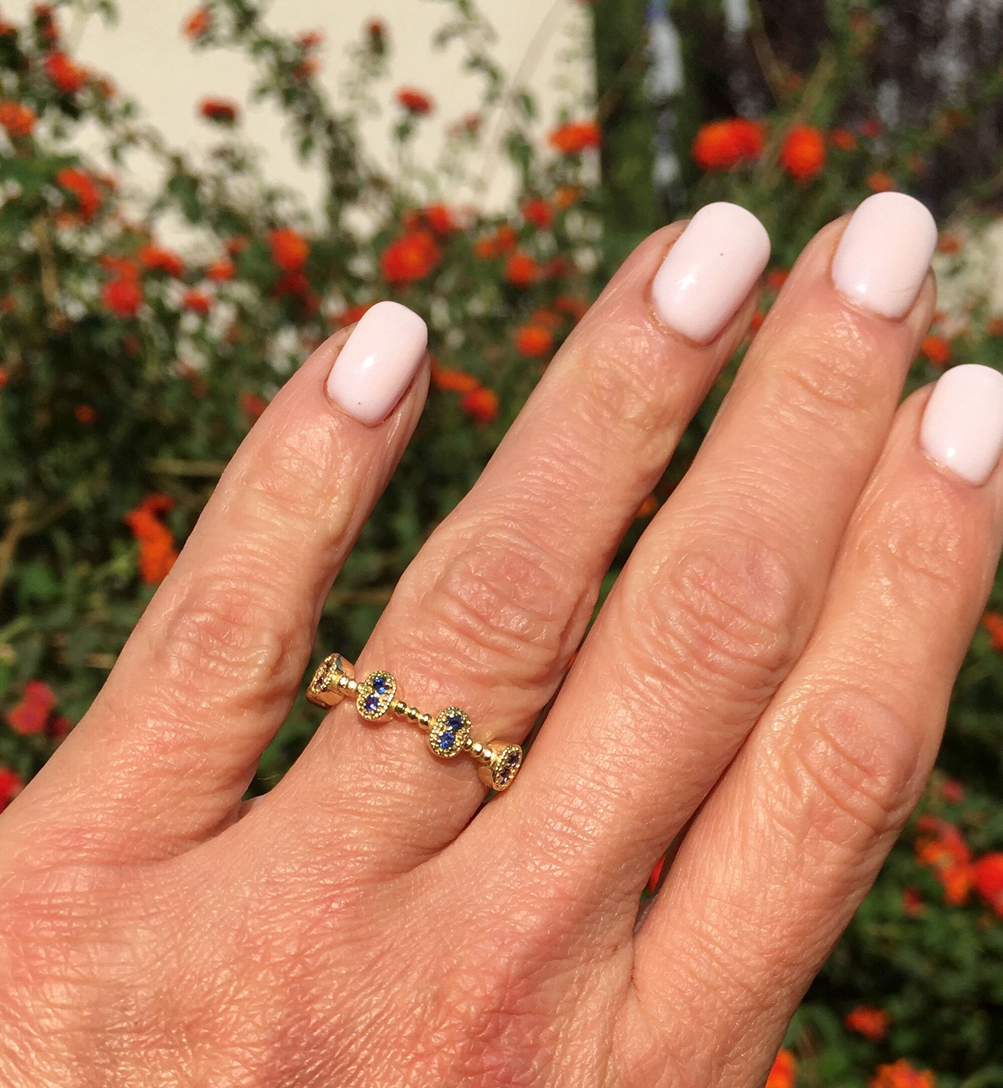 Round Blue Sapphire Ten Stone Bezel-Set Modern Ring - H.L.Jewelry