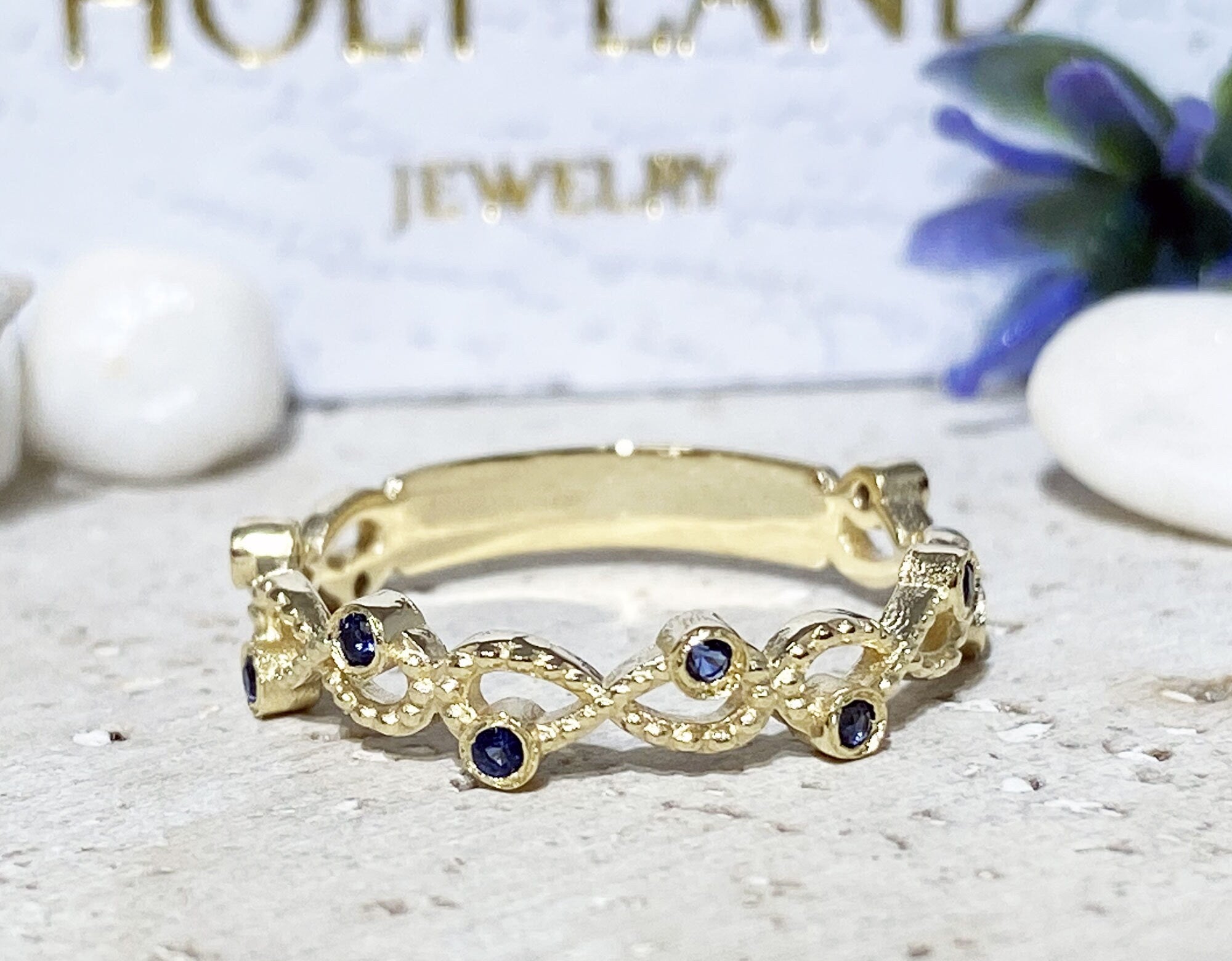 Round Blue Sapphire Ten Stone Infinity Ring - H.L.Jewelry