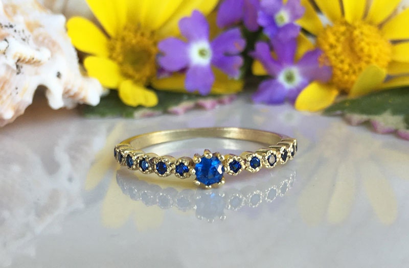 Round Blue Sapphire Thirteen-Stone Stacking Half Eternity Ring - H.L.Jewelry