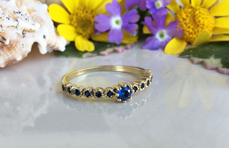 Round Blue Sapphire Thirteen-Stone Stacking Half Eternity Ring - H.L.Jewelry
