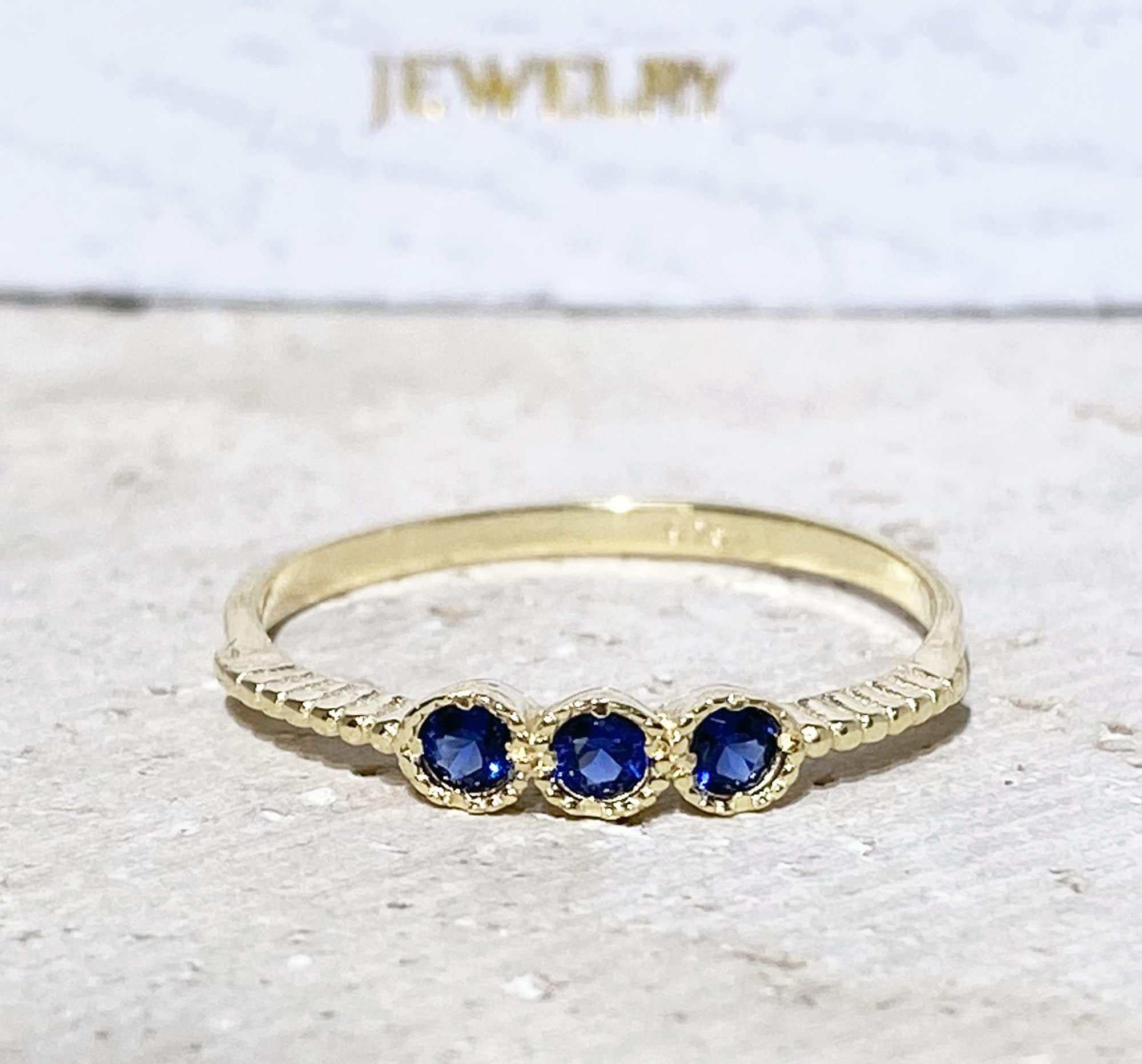 Round Blue Sapphire Three Stone Delicate Stackable Ring - H.L.Jewelry