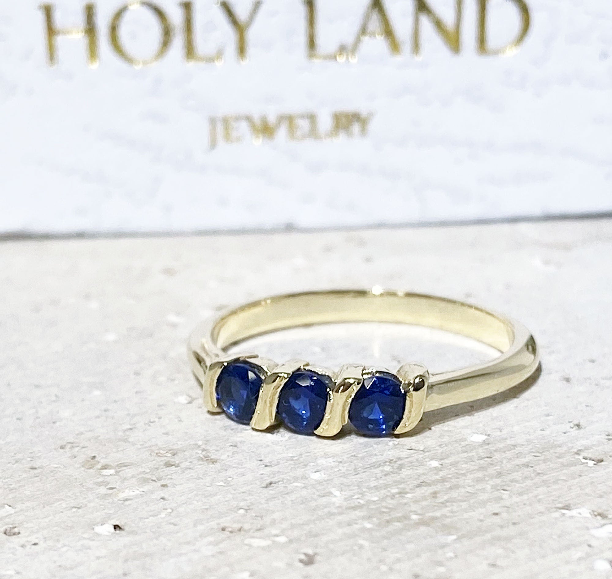 Round Blue Sapphire Three Stone Simple Stacking Ring - H.L.Jewelry