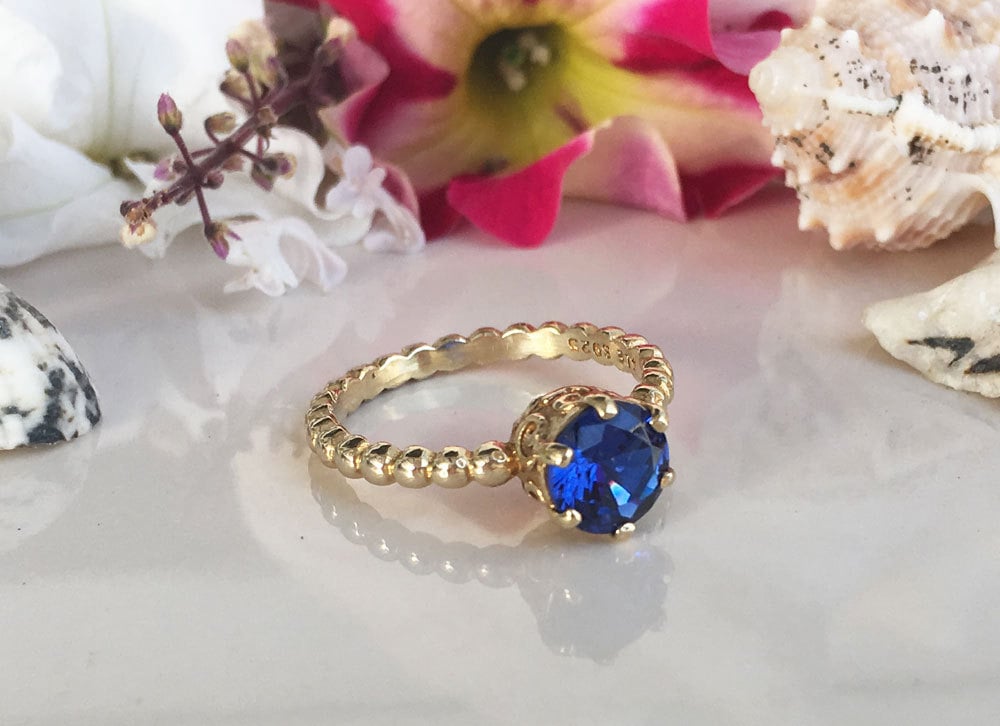 Round Blue Sapphire Vintage Beaded Band Ring - H.L.Jewelry