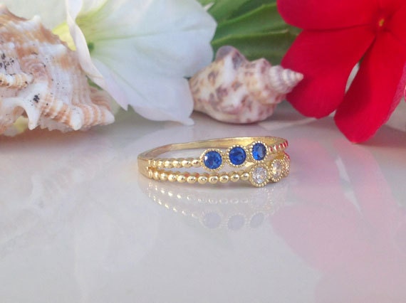 Round Blue Sapphire and Clear Quartz Gemstone Stackable Dual-Ring Set - H.L.Jewelry
