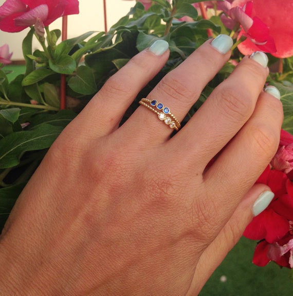 Round Blue Sapphire and Clear Quartz Gemstone Stackable Dual-Ring Set - H.L.Jewelry