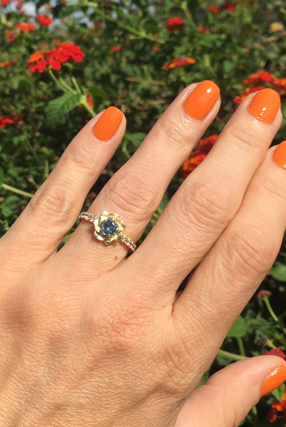 Round Blue Topaz Camellia Ring with Clear Quartz Accents - H.L.Jewelry