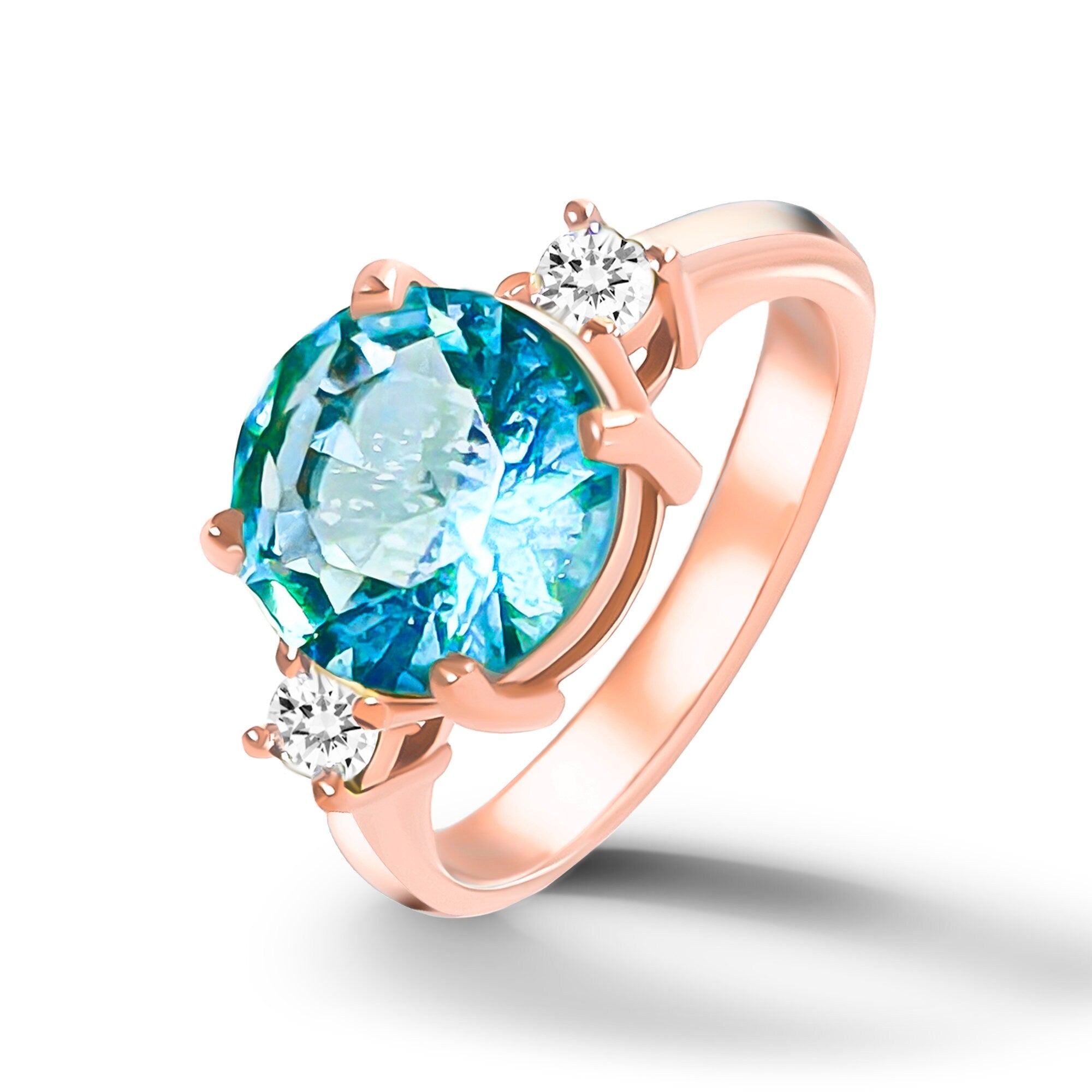 Round Blue Topaz Cocktail Ring with Clear Quartz Accents - H.L.Jewelry
