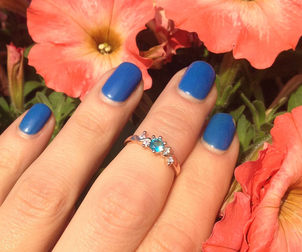 Round Blue Topaz Delicate Ring with Clear Quartz Accents - H.L.Jewelry