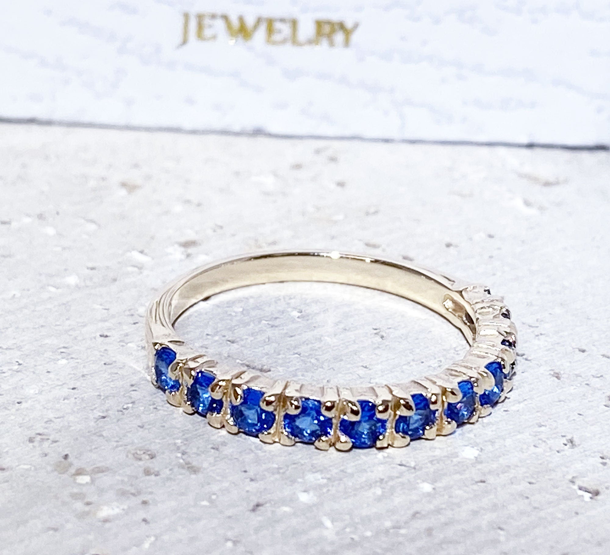 Round Blue Topaz Eleven Stone Stackable Half Eternity Ring - H.L.Jewelry