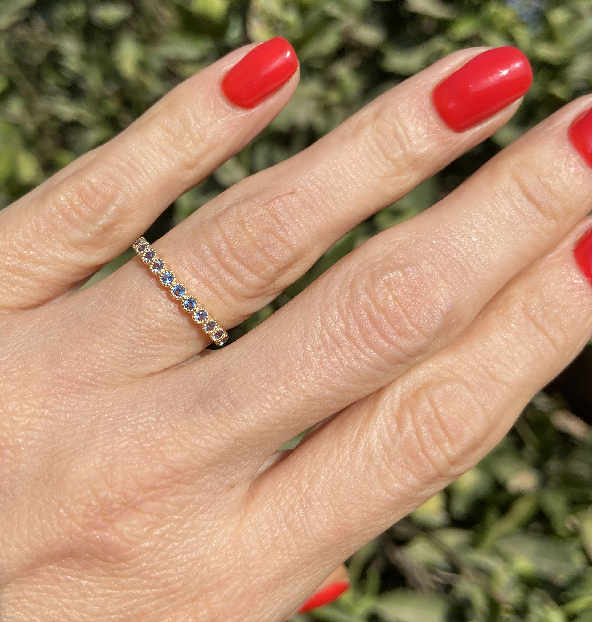 Round Blue Topaz Eleven Stone Stacking Half Eternity Ring - H.L.Jewelry