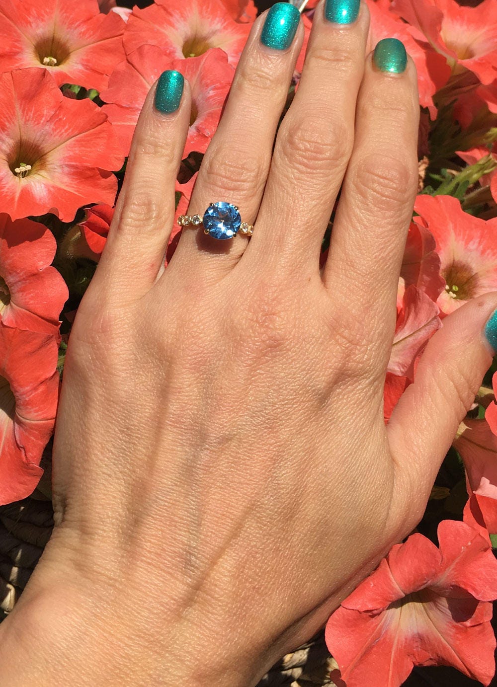 Round Blue Topaz Engagement Ring with Clear Quartz Accents - H.L.Jewelry