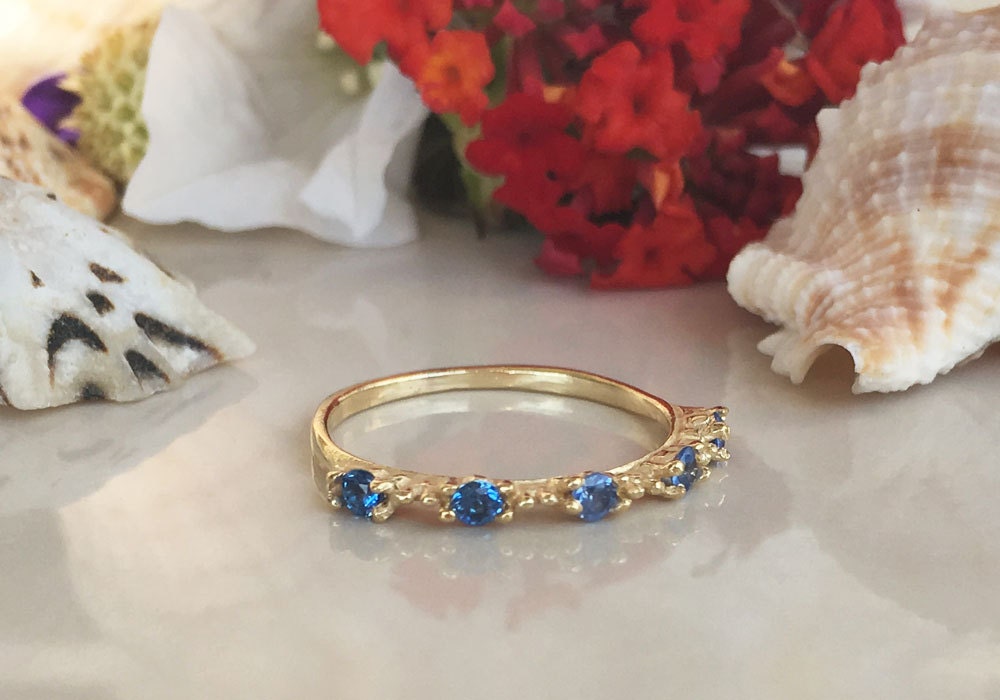 Round Blue Topaz Five Stone Simple Stacking Ring - H.L.Jewelry