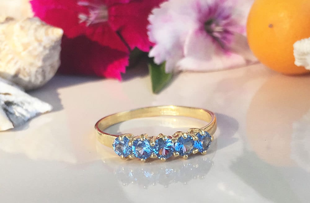 Round Blue Topaz Five Stone Stackable Ring - H.L.Jewelry