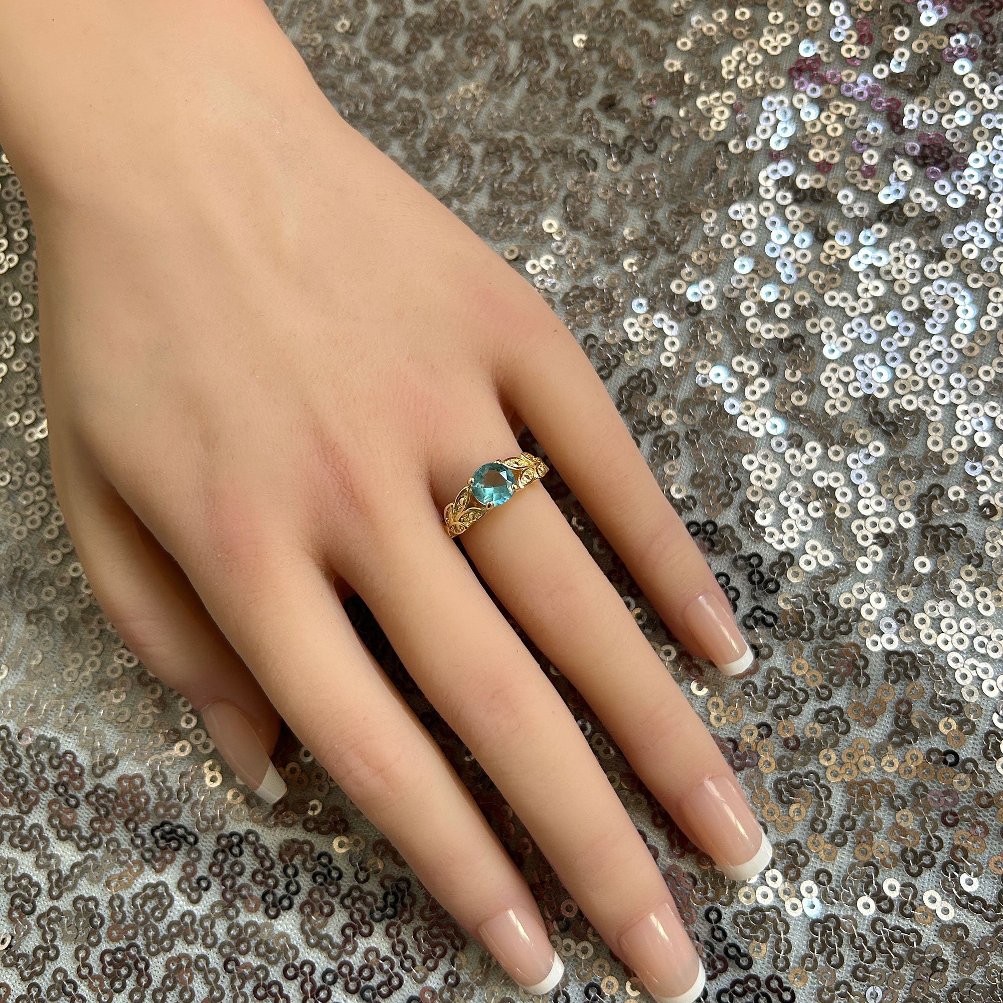 Round Blue Topaz Gemstone Flower Leaves Ring - H.L.Jewelry