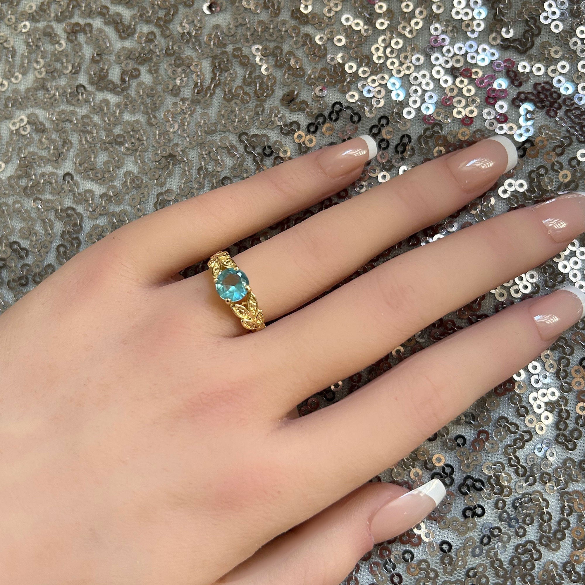 Round Blue Topaz Gemstone Flower Leaves Ring - H.L.Jewelry