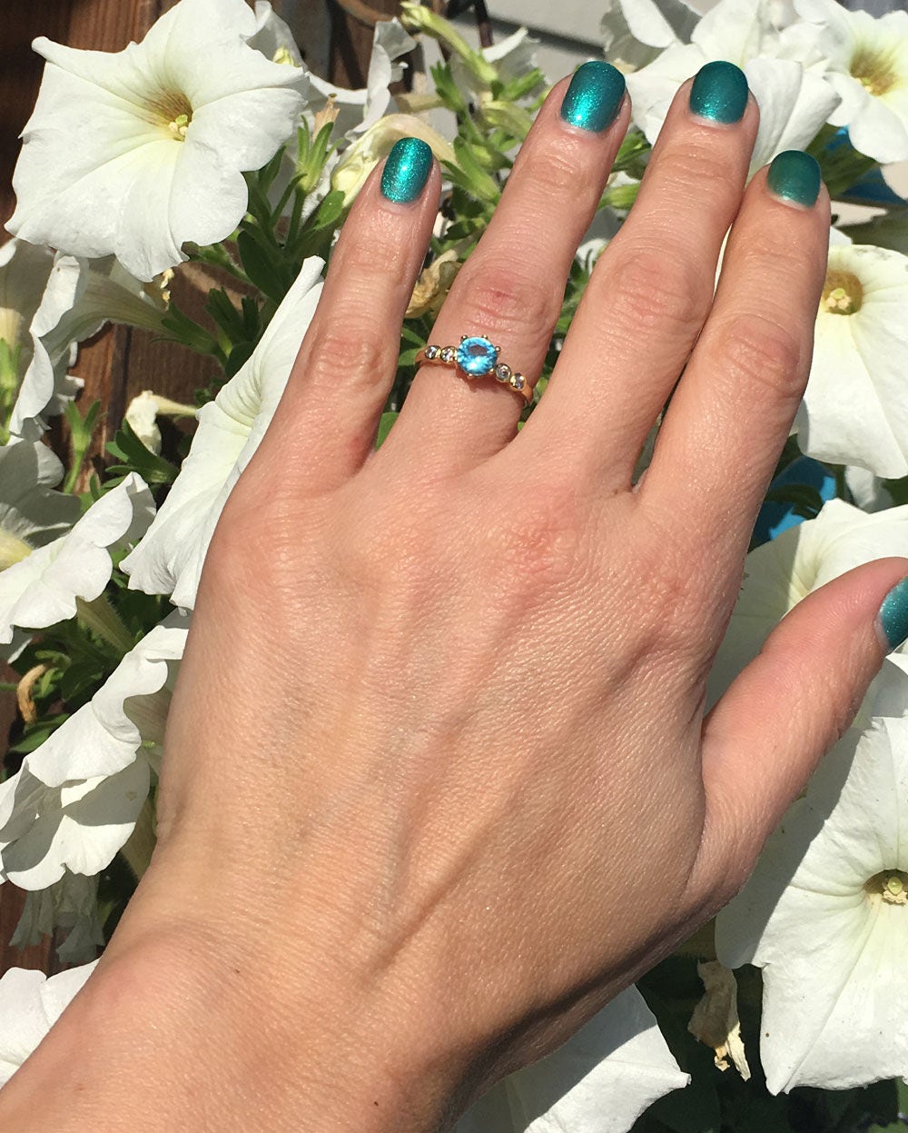 Round Blue Topaz Gemstone Ring with Clear Quartz Accents - H.L.Jewelry
