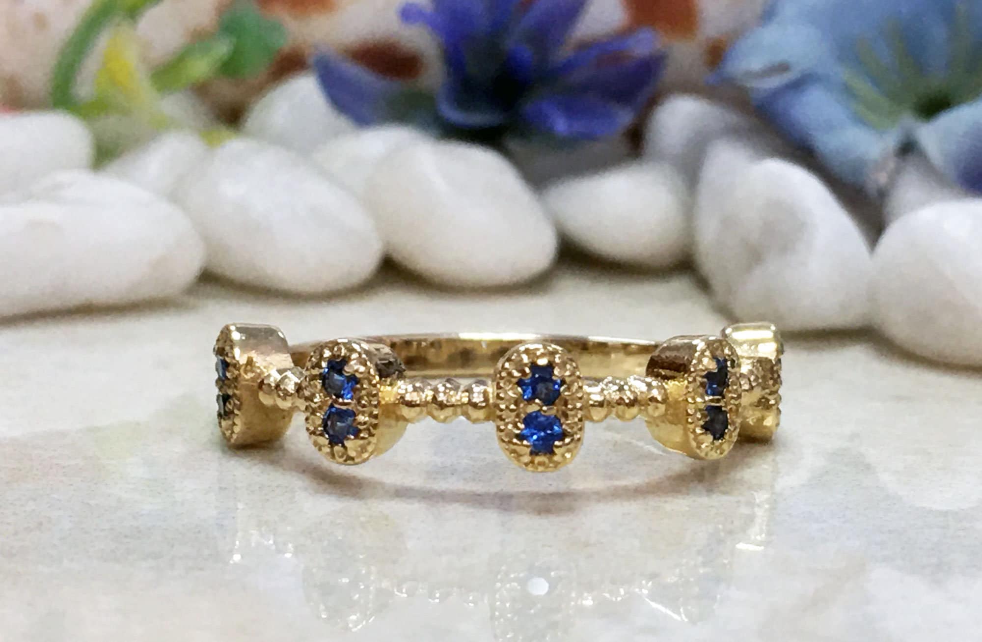 Round Blue Topaz Ten Stone Bezel-Set Modern Ring - H.L.Jewelry