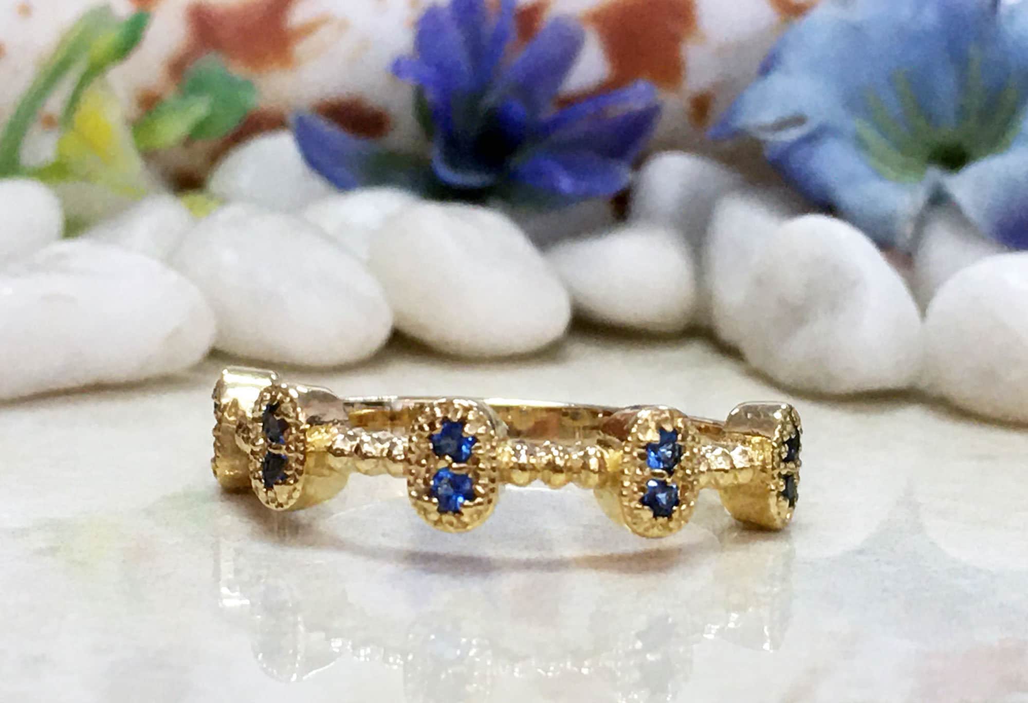 Round Blue Topaz Ten Stone Bezel-Set Modern Ring - H.L.Jewelry