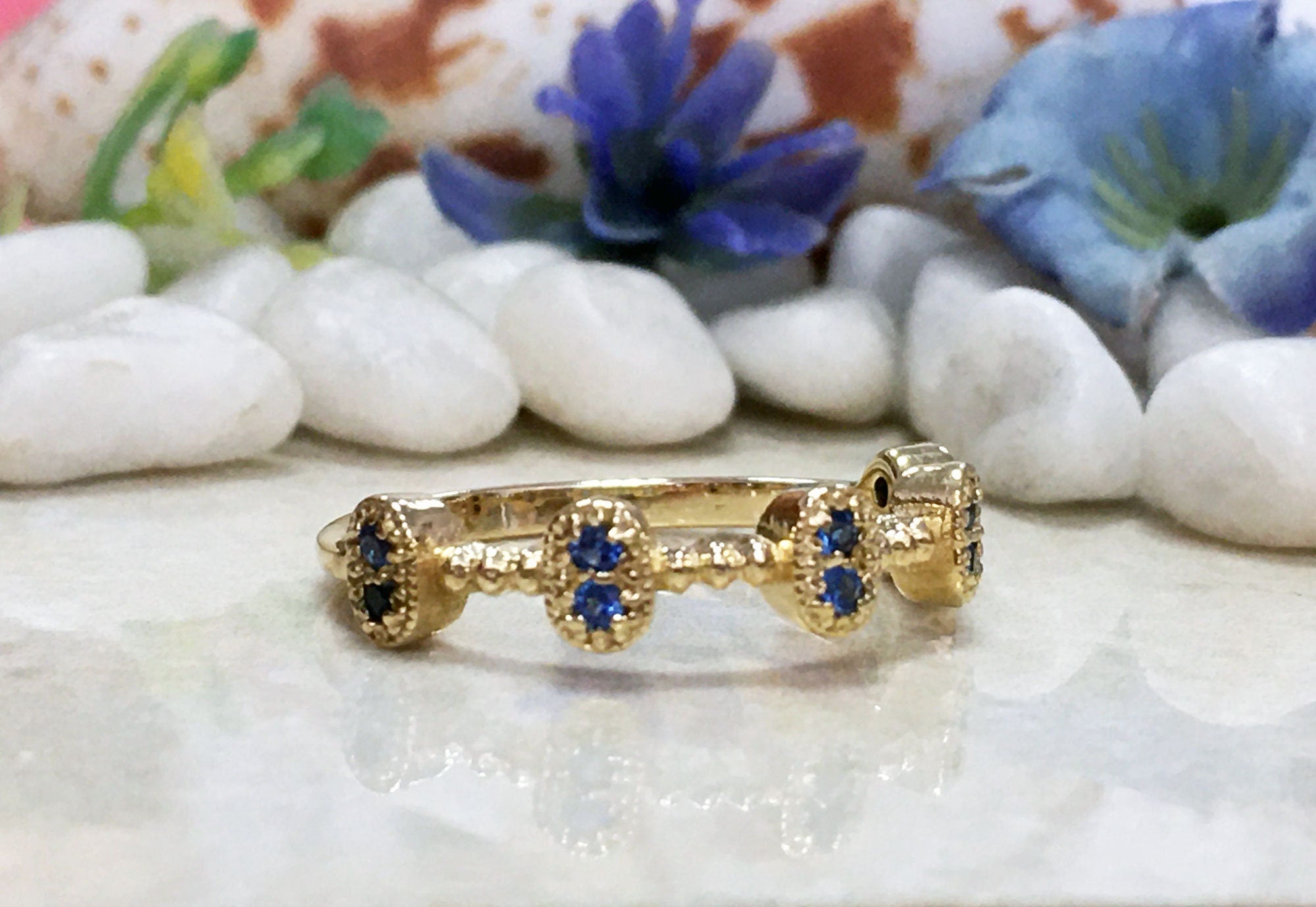 Round Blue Topaz Ten Stone Bezel-Set Modern Ring - H.L.Jewelry