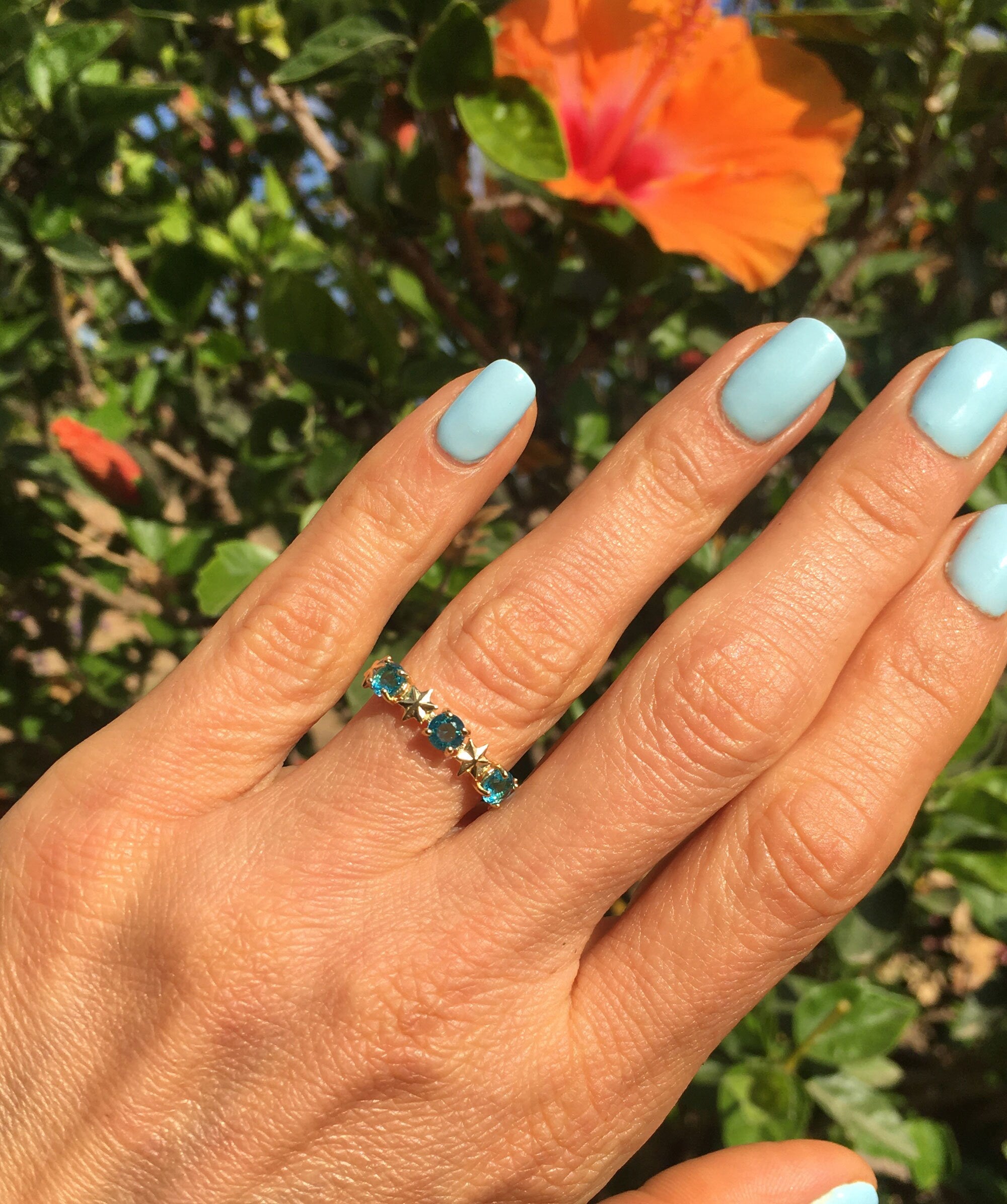 Round Blue Topaz Three Stone Ring with Star Accents - H.L.Jewelry