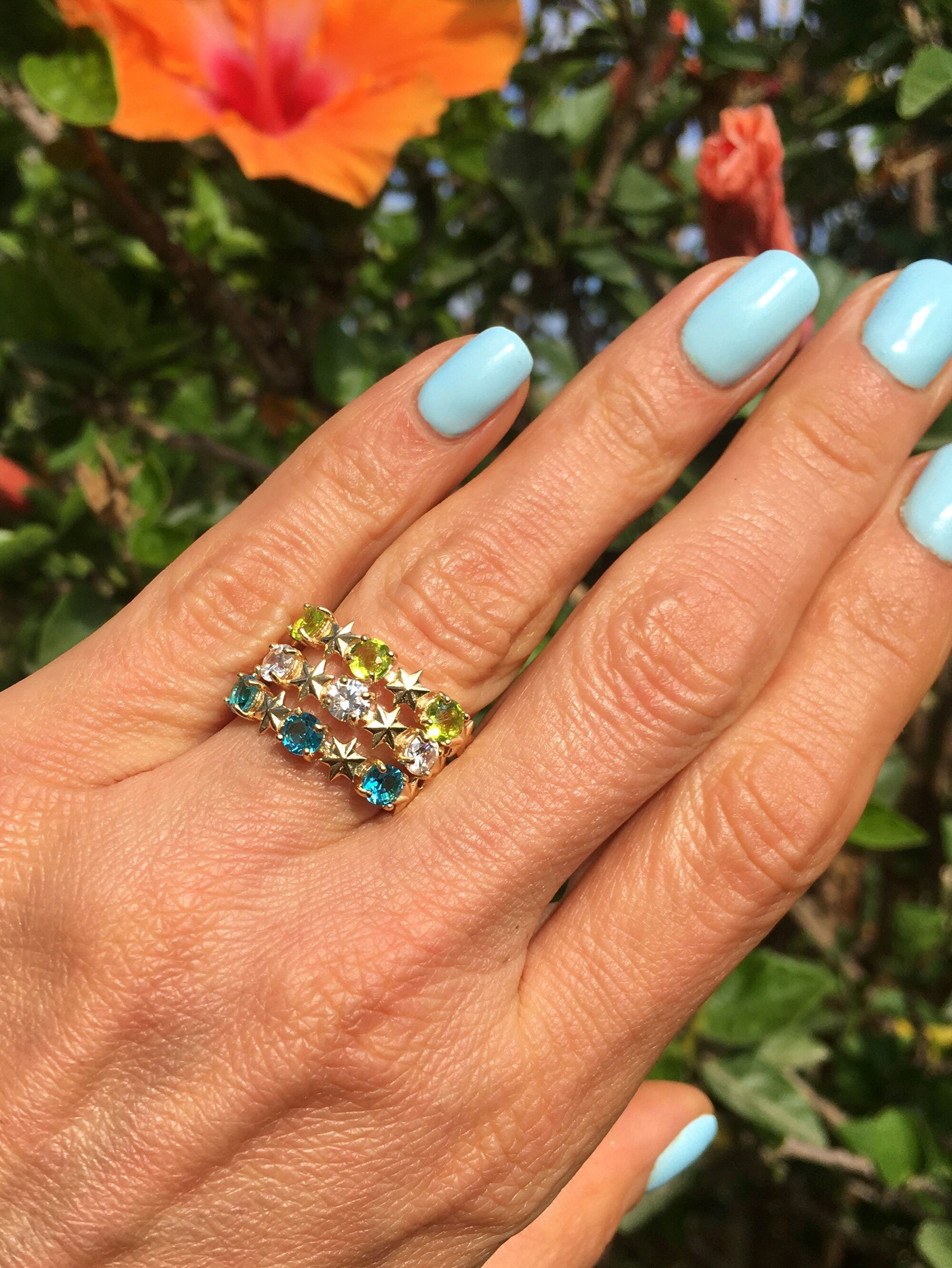 Round Blue Topaz Three Stone Ring with Star Accents - H.L.Jewelry