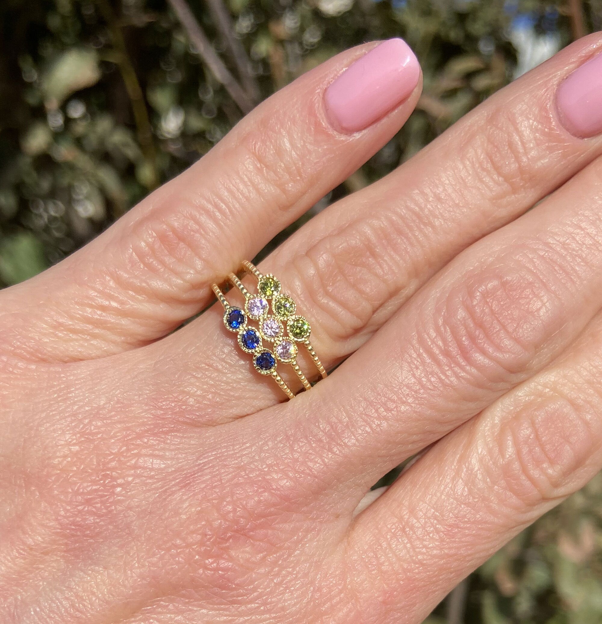 Round Blue Topaz Three Stone Simple Stackable Ring - H.L.Jewelry