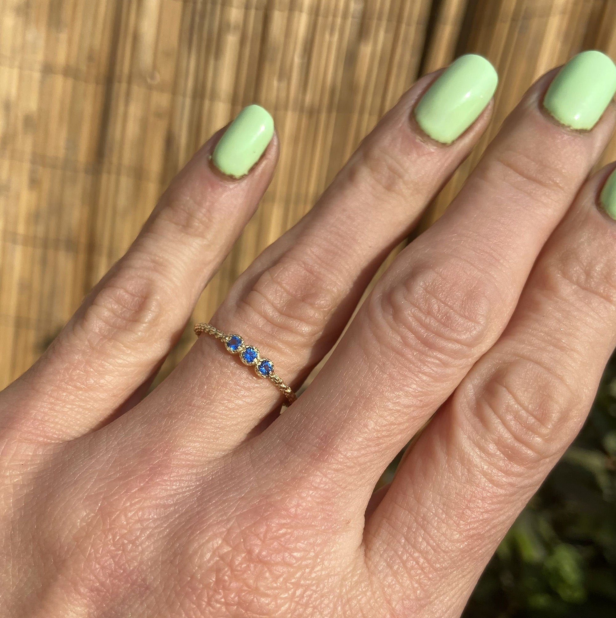 Round Blue Topaz Three Stone Simple Stacking Ring - H.L.Jewelry