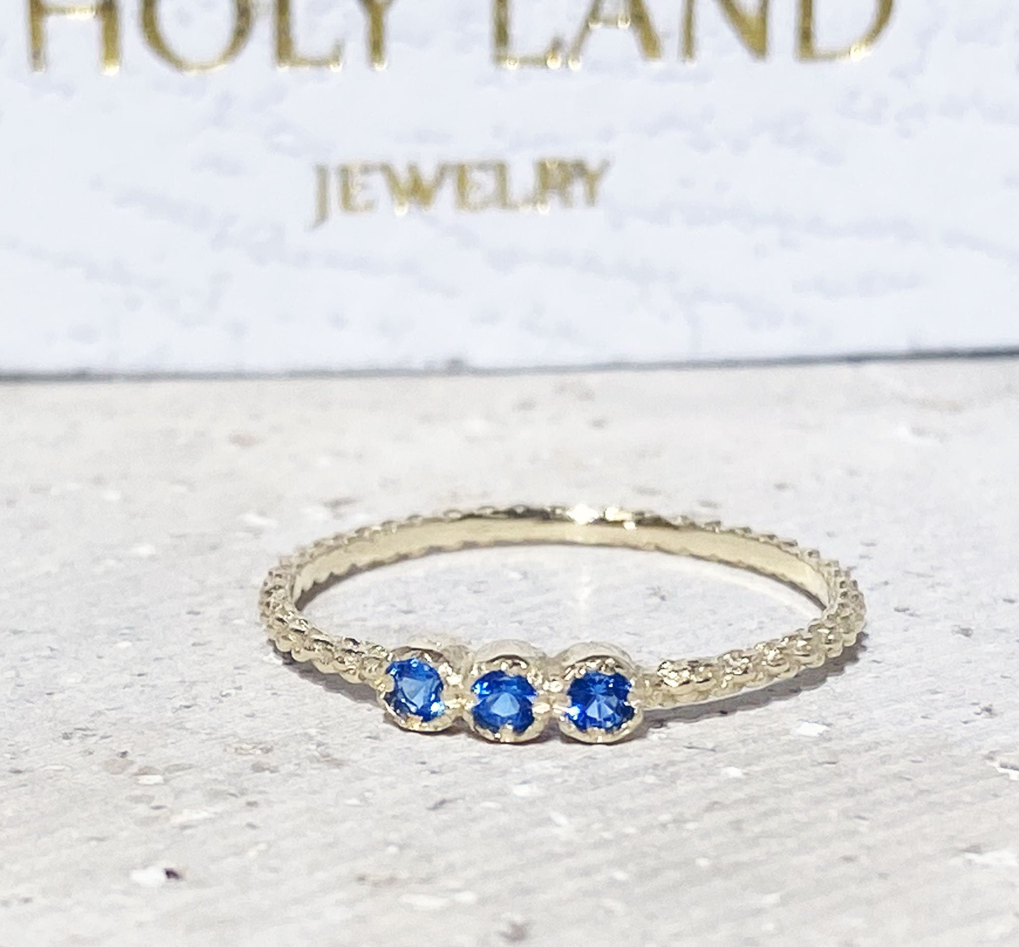 Round Blue Topaz Three Stone Simple Stacking Ring - H.L.Jewelry