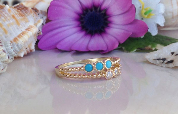 Round Blue Turquoise & Clear Quartz Stackable Dual-Ring Set - H.L.Jewelry