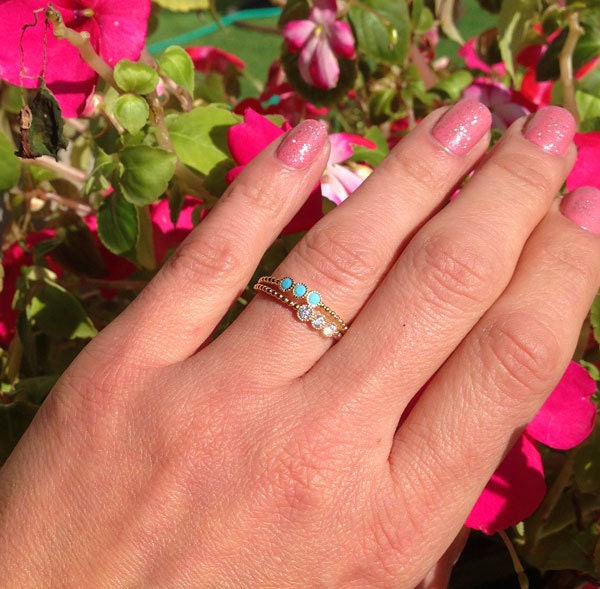 Round Blue Turquoise & Clear Quartz Stackable Dual-Ring Set - H.L.Jewelry