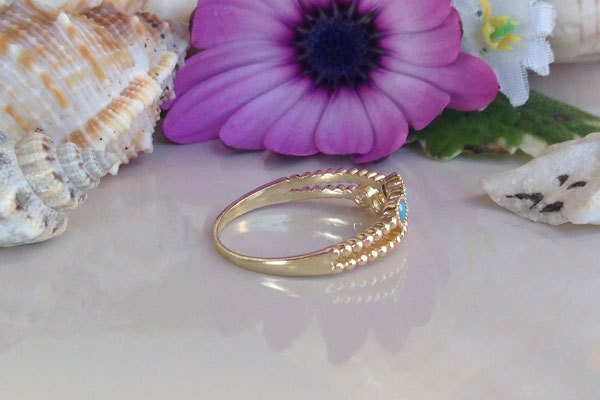 Round Blue Turquoise & Clear Quartz Stackable Dual-Ring Set - H.L.Jewelry