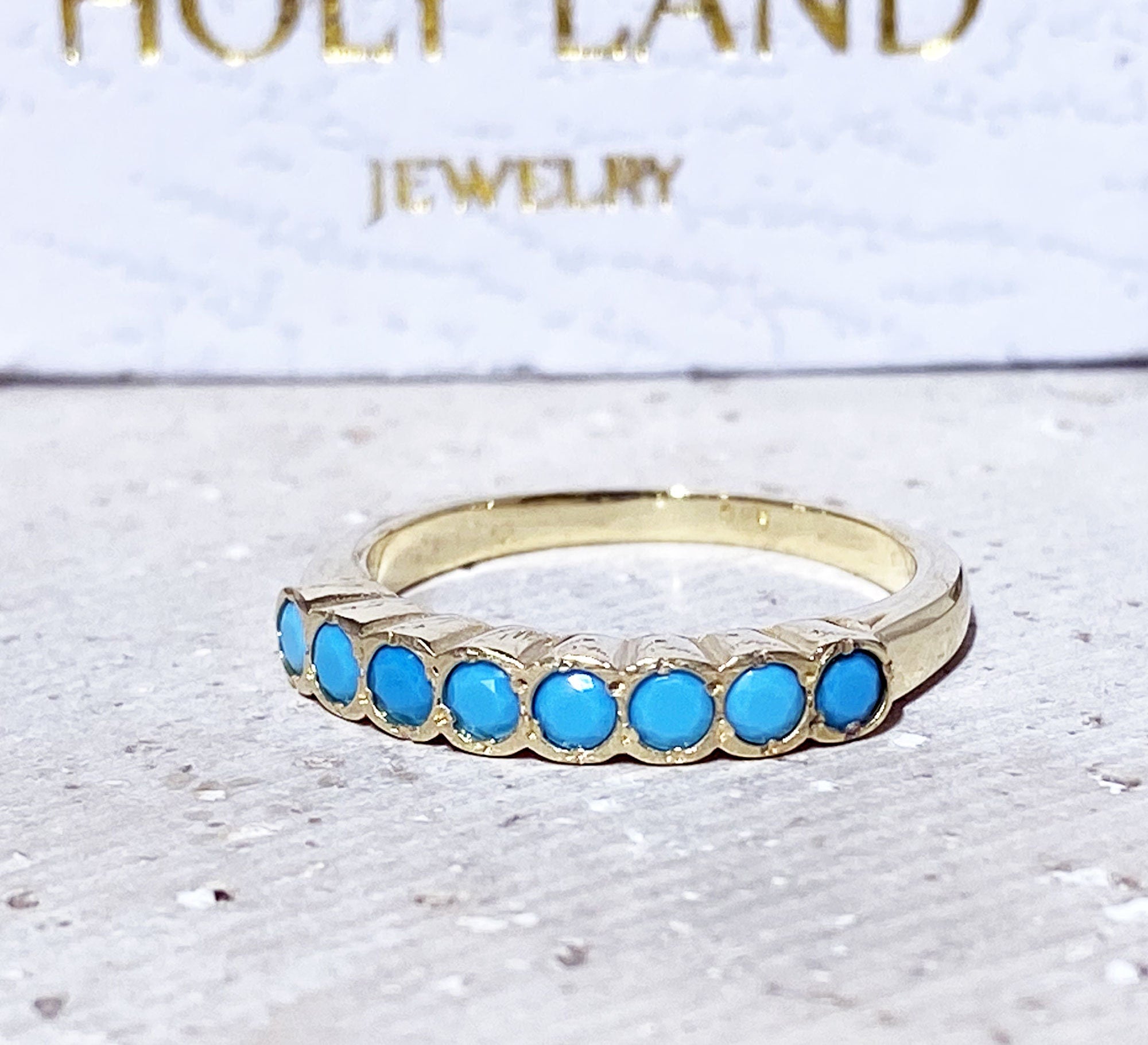 Round Blue Turquoise Eight Stone Stacking Half Eternity Bezel Ring - H.L.Jewelry