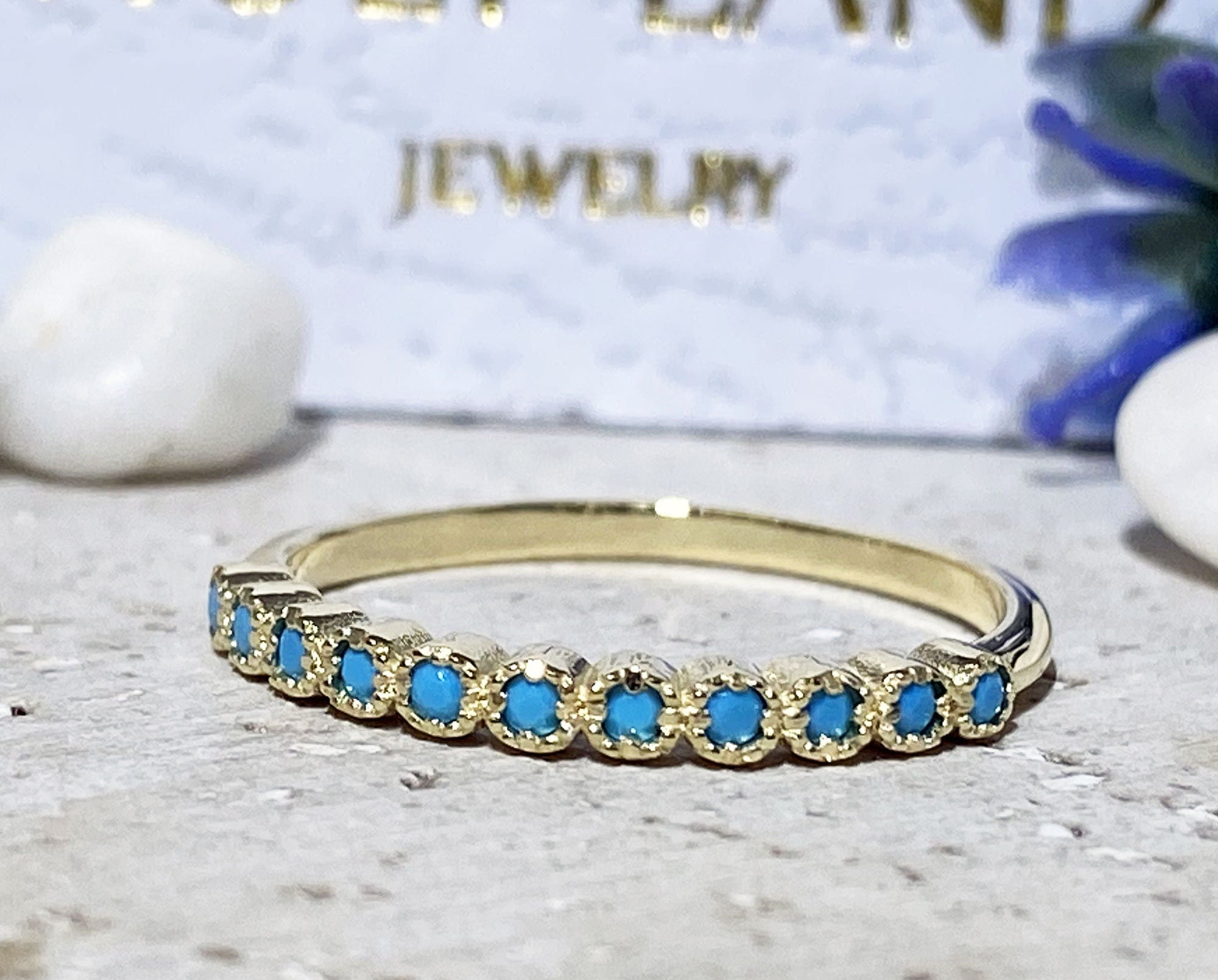 Round Blue Turquoise Eleven Stone Stacking Half Eternity Bezel Ring - H.L.Jewelry