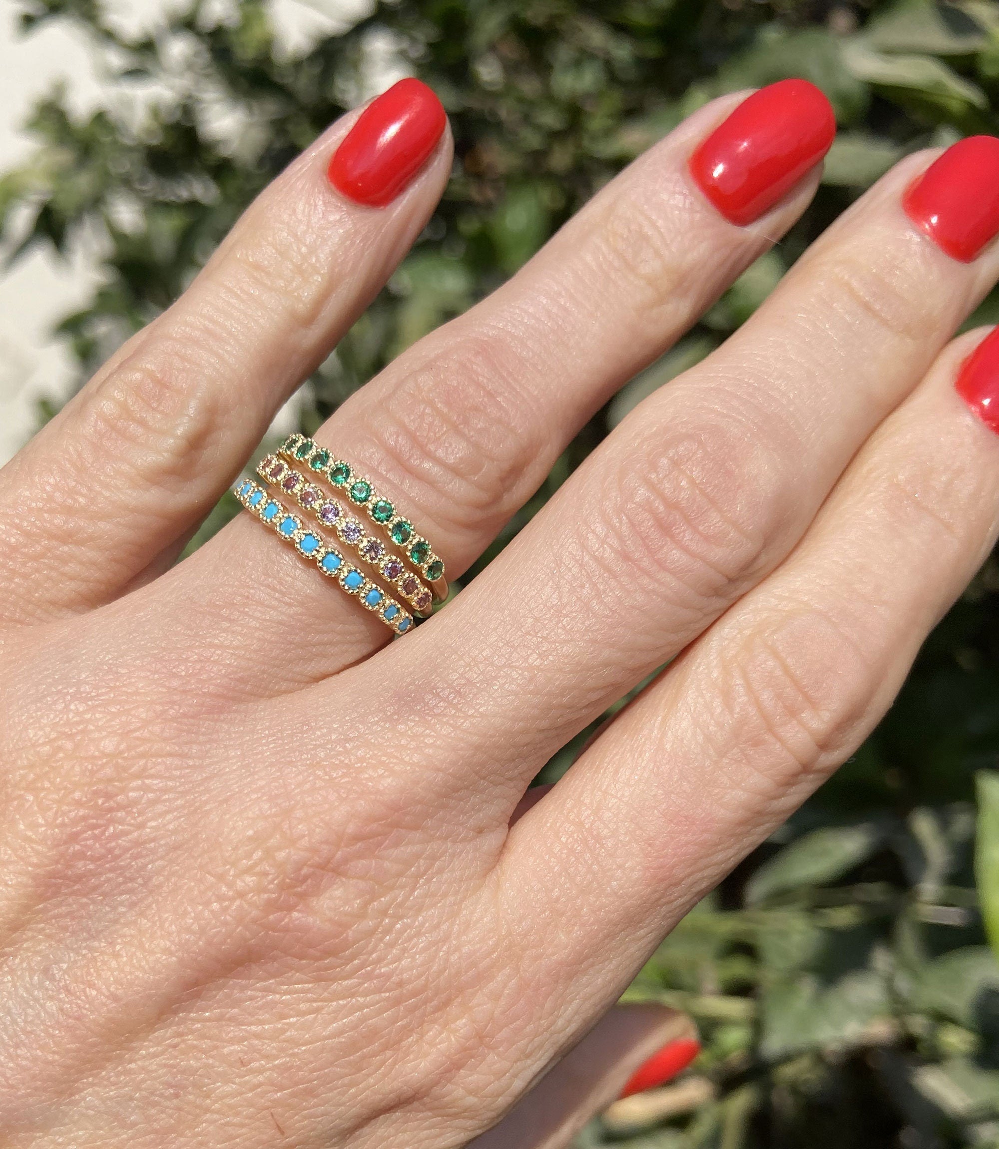 Round Blue Turquoise Eleven Stone Stacking Half Eternity Bezel Ring - H.L.Jewelry