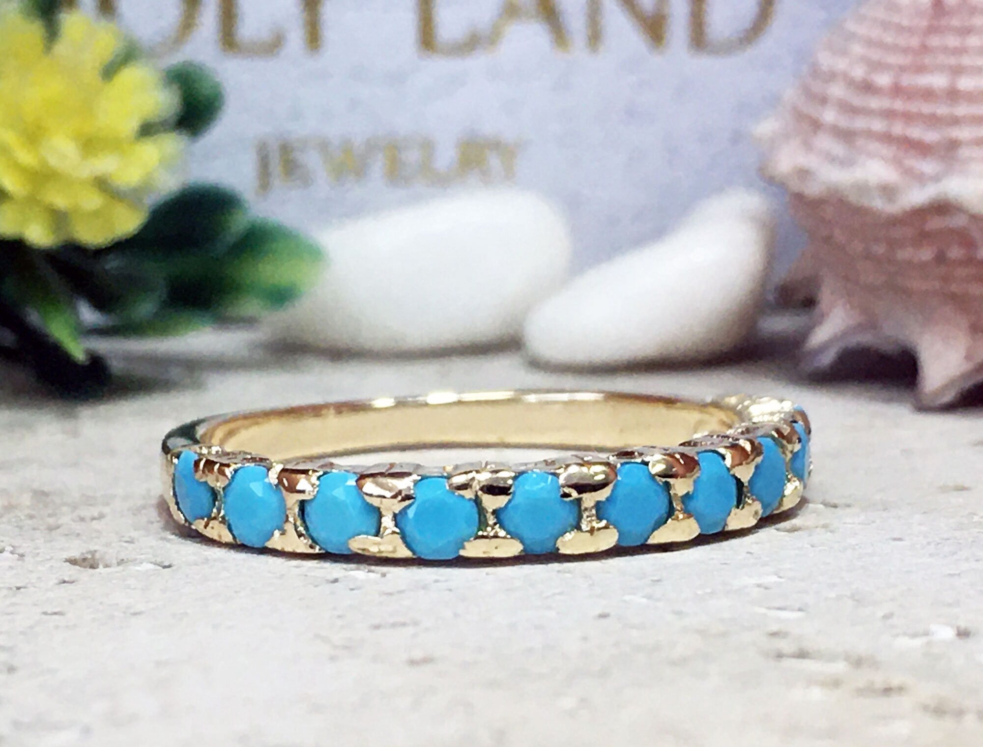 Round Blue Turquoise Eleven Stone Stacking Half Eternity Ring - H.L.Jewelry