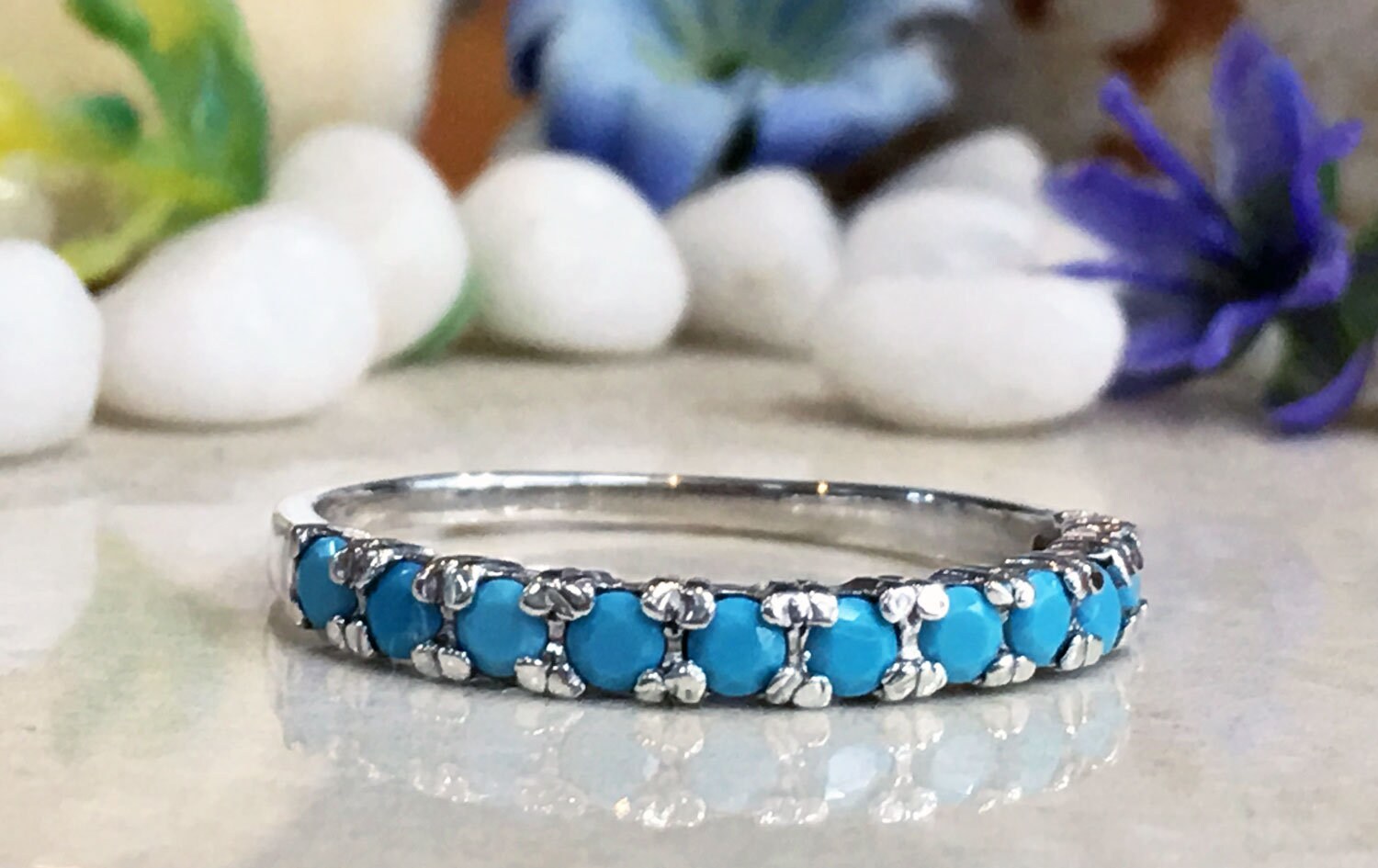 Round Blue Turquoise Eleven Stone Stacking Half Eternity Ring - H.L.Jewelry
