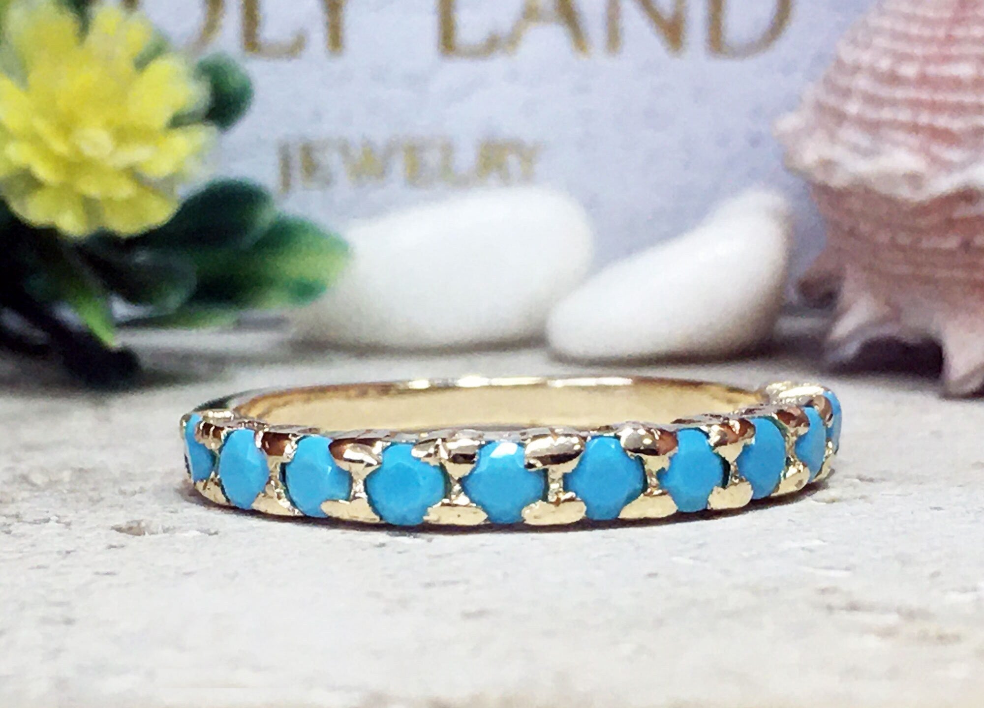 Round Blue Turquoise Eleven Stone Stacking Half Eternity Ring - H.L.Jewelry
