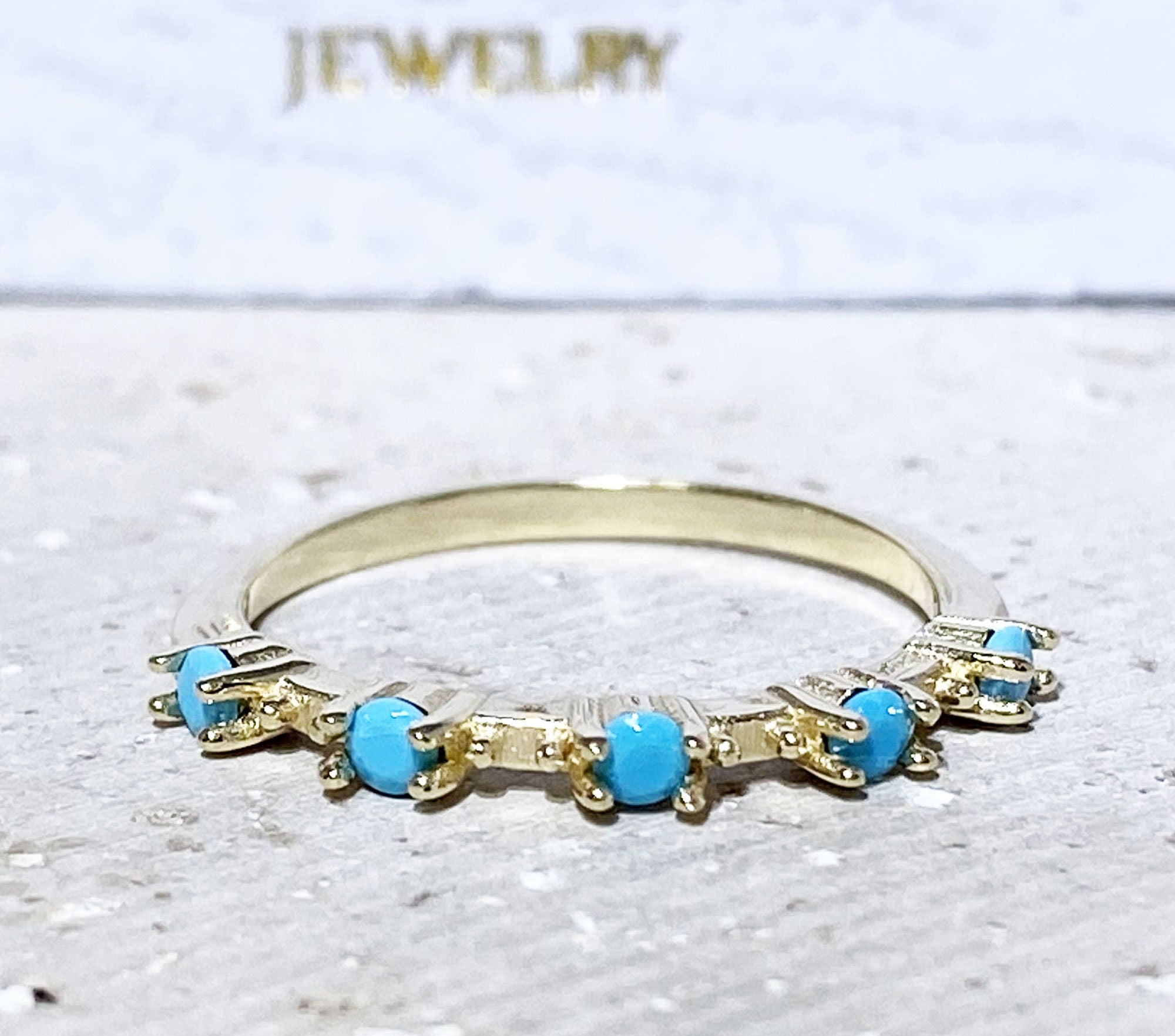 Round Blue Turquoise Five Stone Simple Stacking Ring - H.L.Jewelry