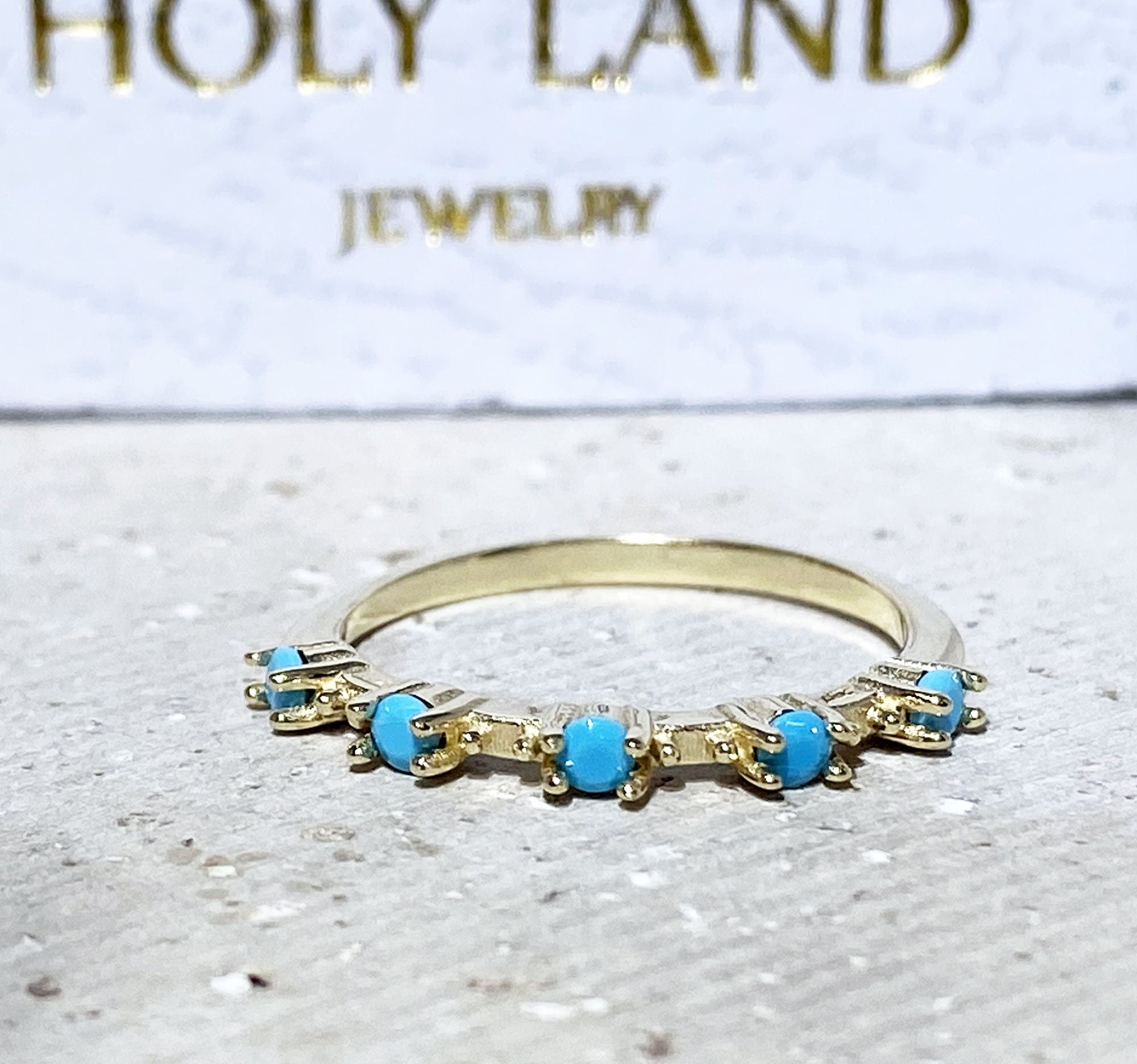 Round Blue Turquoise Five Stone Simple Stacking Ring - H.L.Jewelry