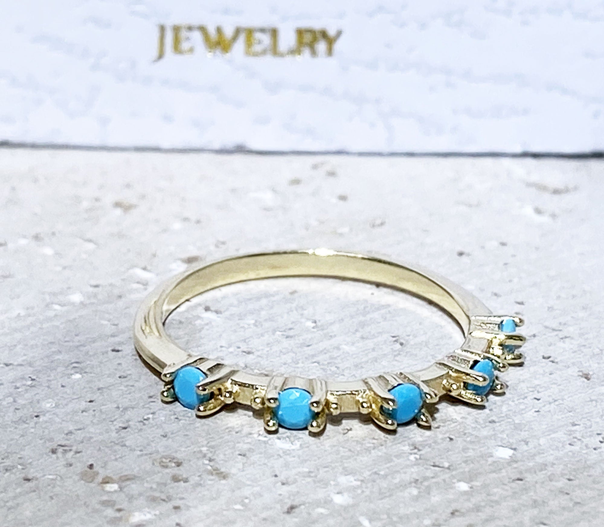 Round Blue Turquoise Five Stone Simple Stacking Ring - H.L.Jewelry