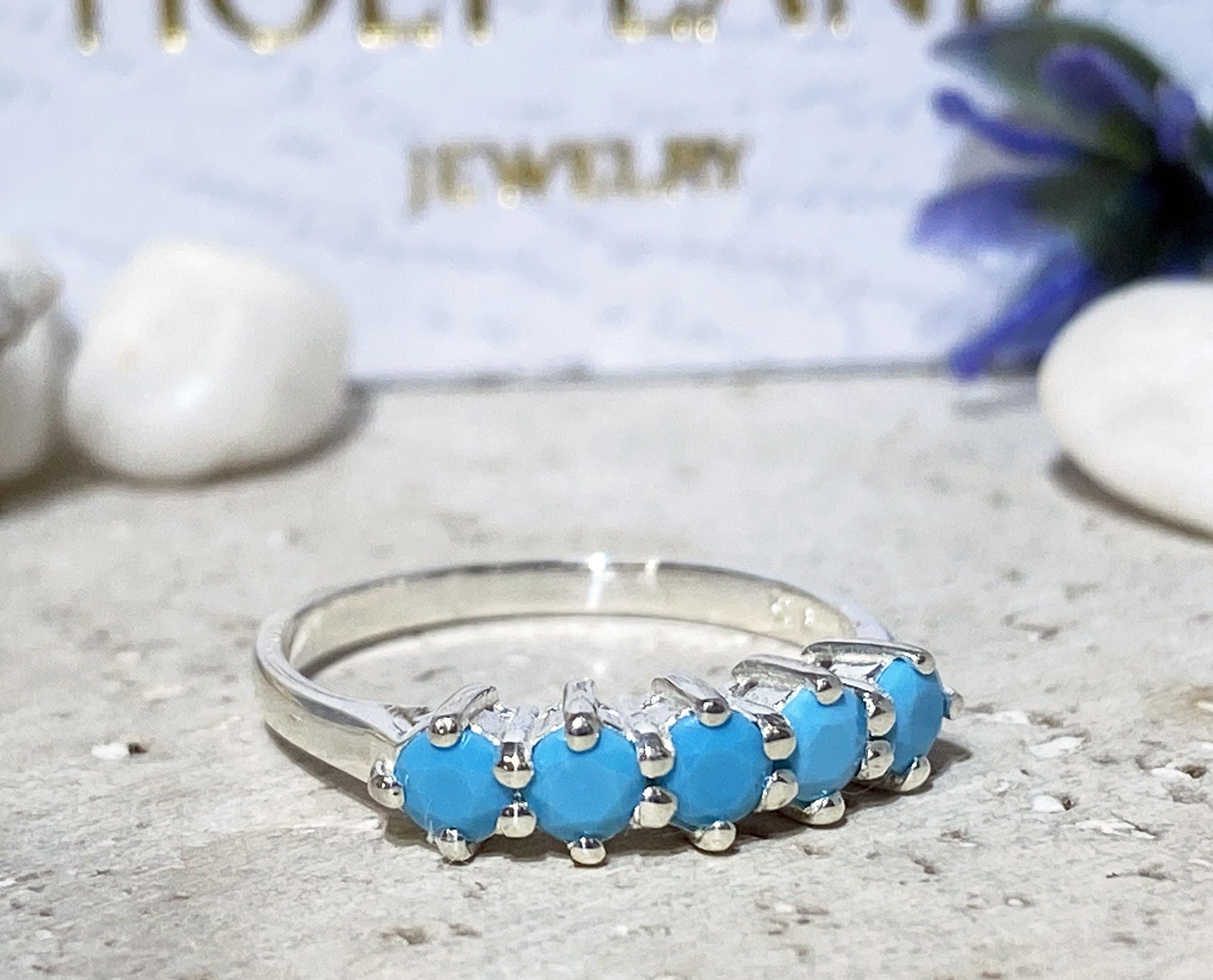 Round Blue Turquoise Five Stone Stacking Ring - H.L.Jewelry