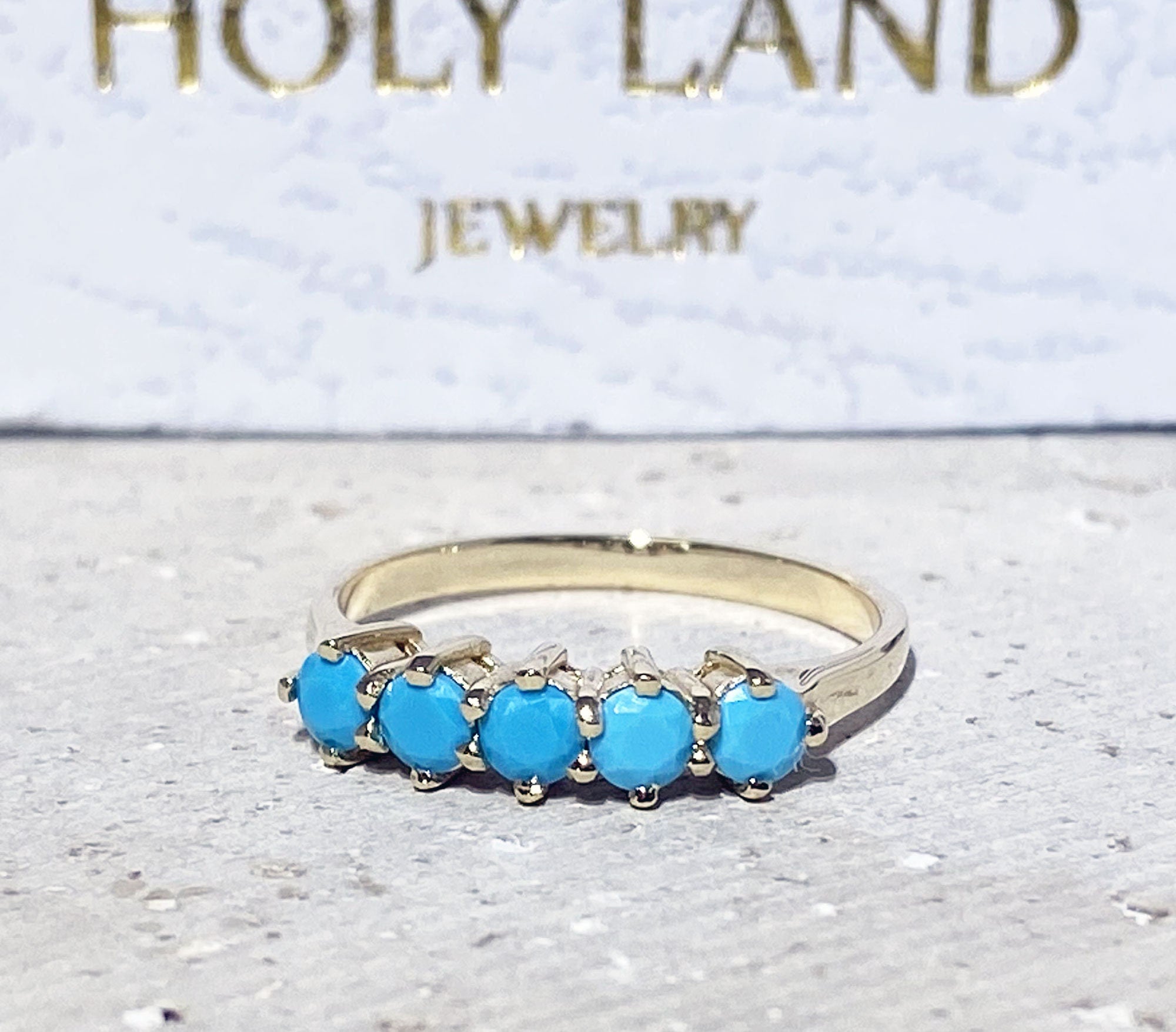 Round Blue Turquoise Five Stone Stacking Ring - H.L.Jewelry